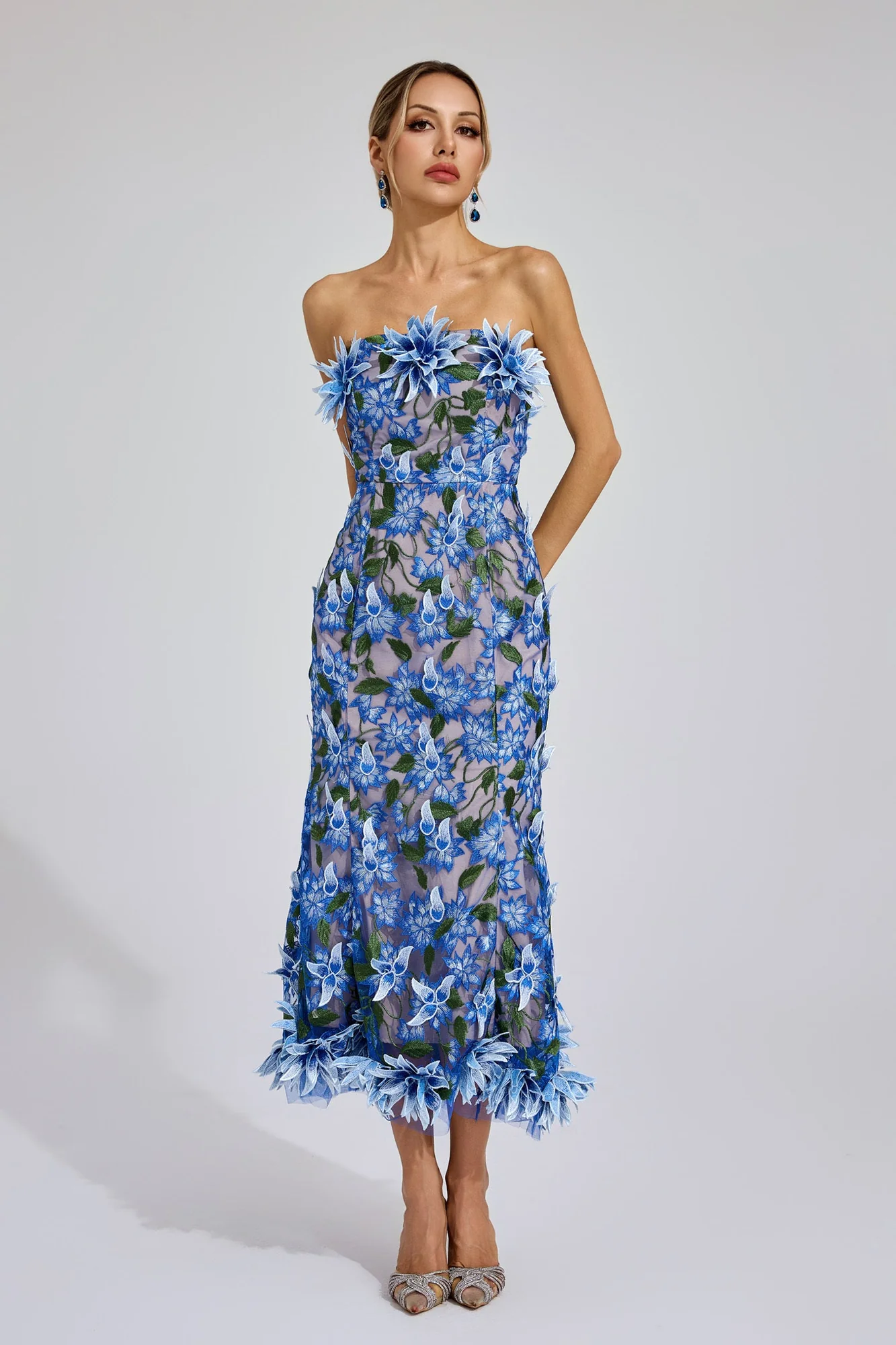 Blue Strapless 3D Floral Embroidered Midi Dress