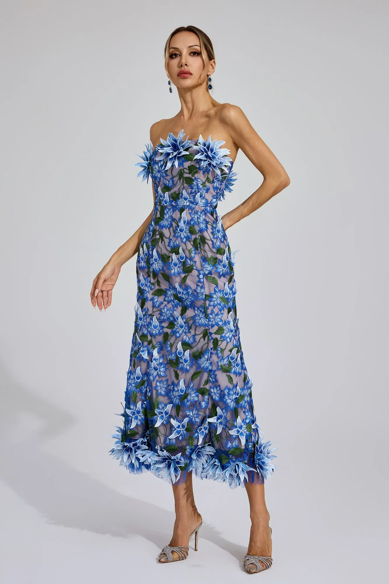 Blue Strapless 3D Floral Embroidered Midi Dress