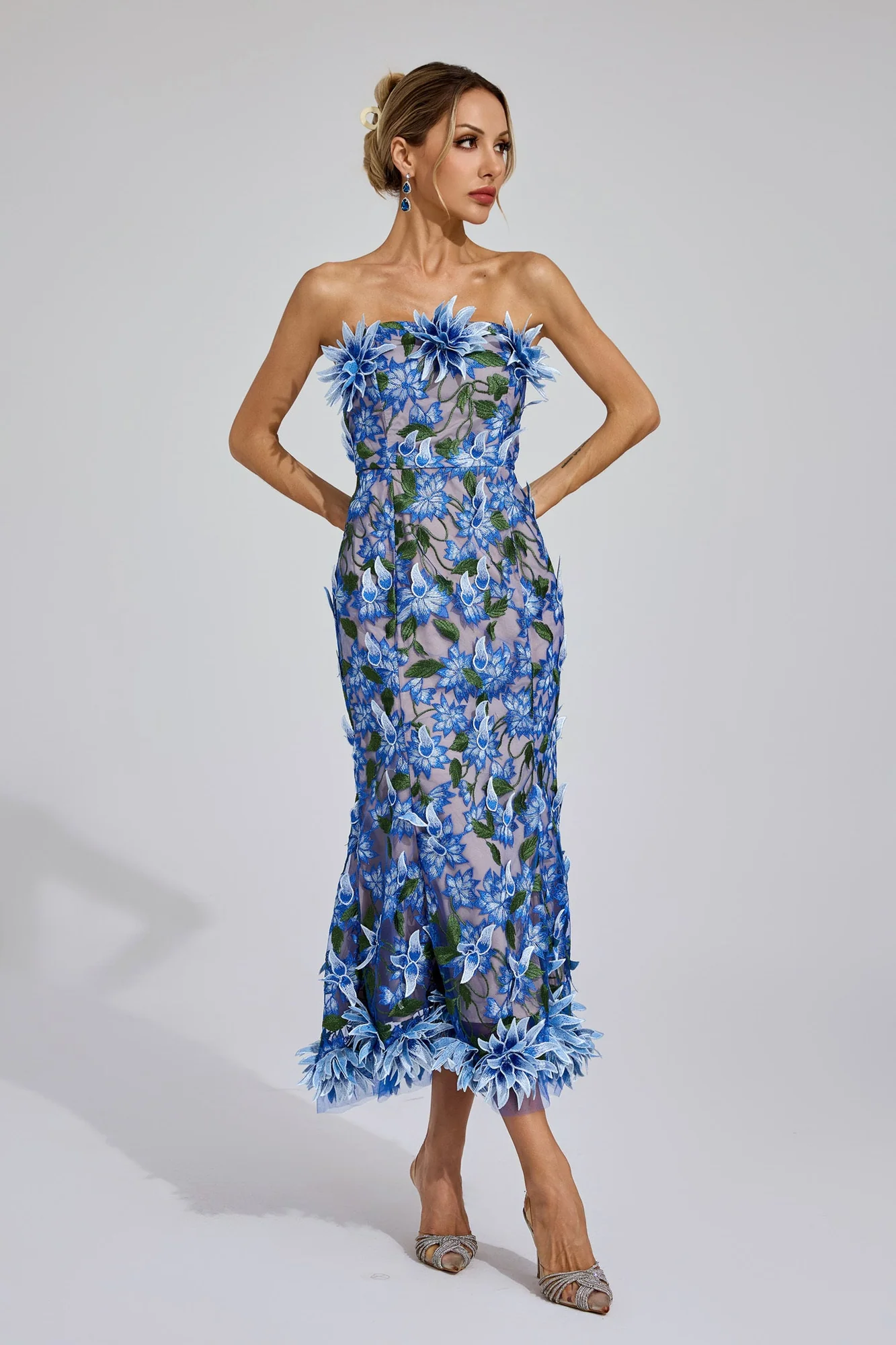 Blue Strapless 3D Floral Embroidered Midi Dress