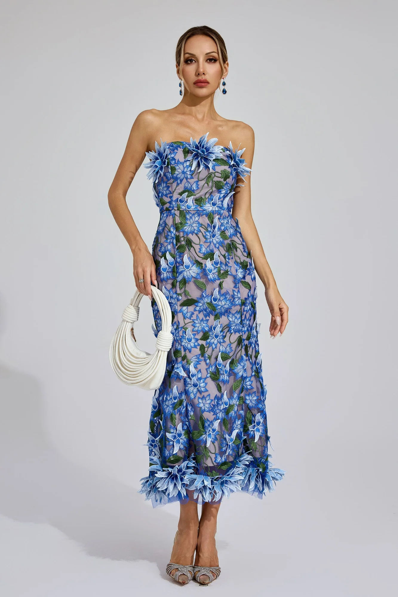 Blue Strapless 3D Floral Embroidered Midi Dress