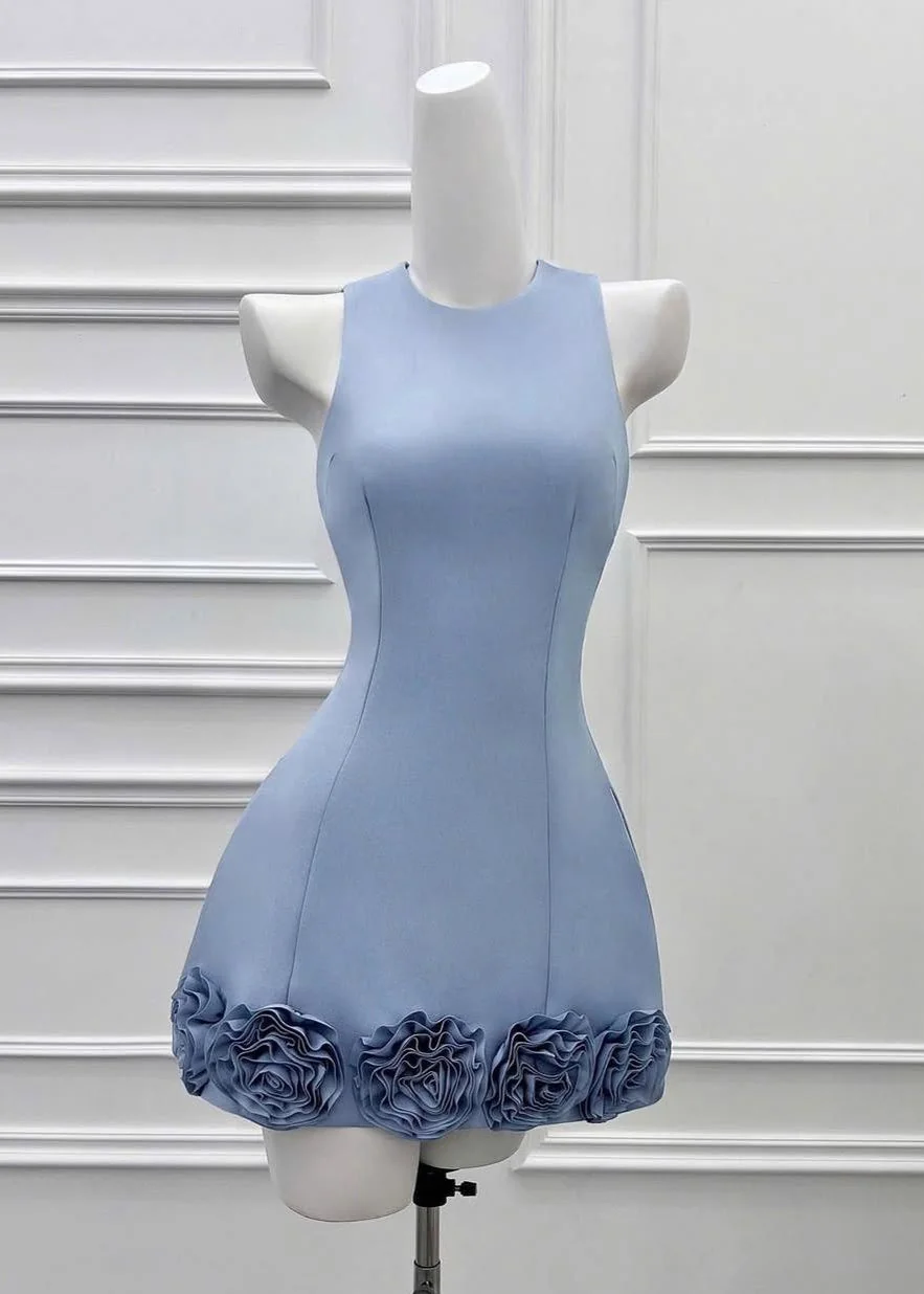 Blue 3D Floral Sleeveless Mini Dress - Elegant & Comfortable