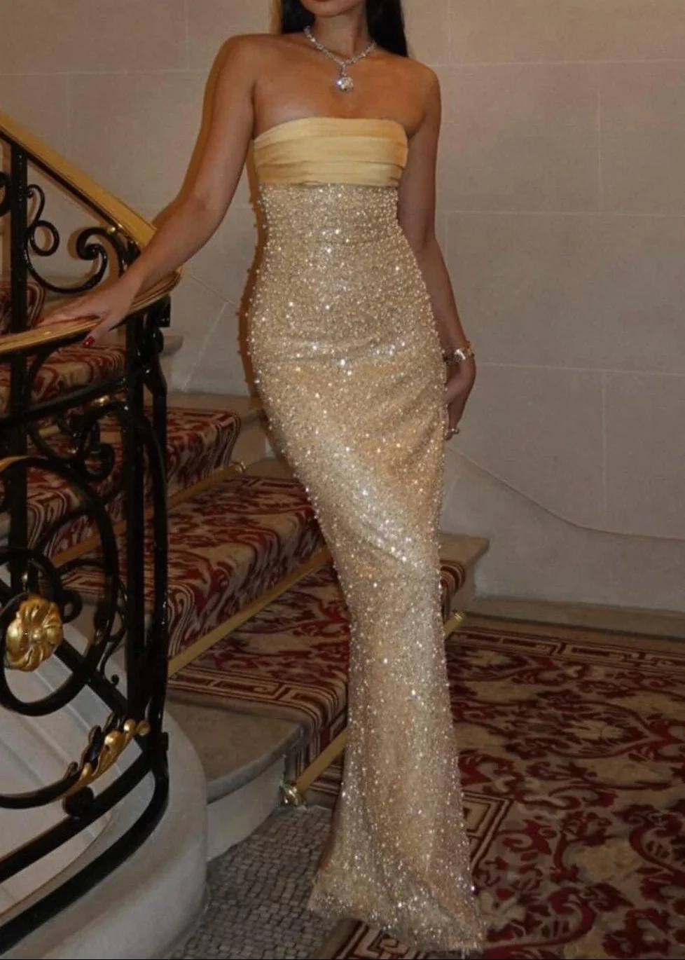 Golden Sequin Pearls Maxi Dress - Luxe Elegant Evening Gown