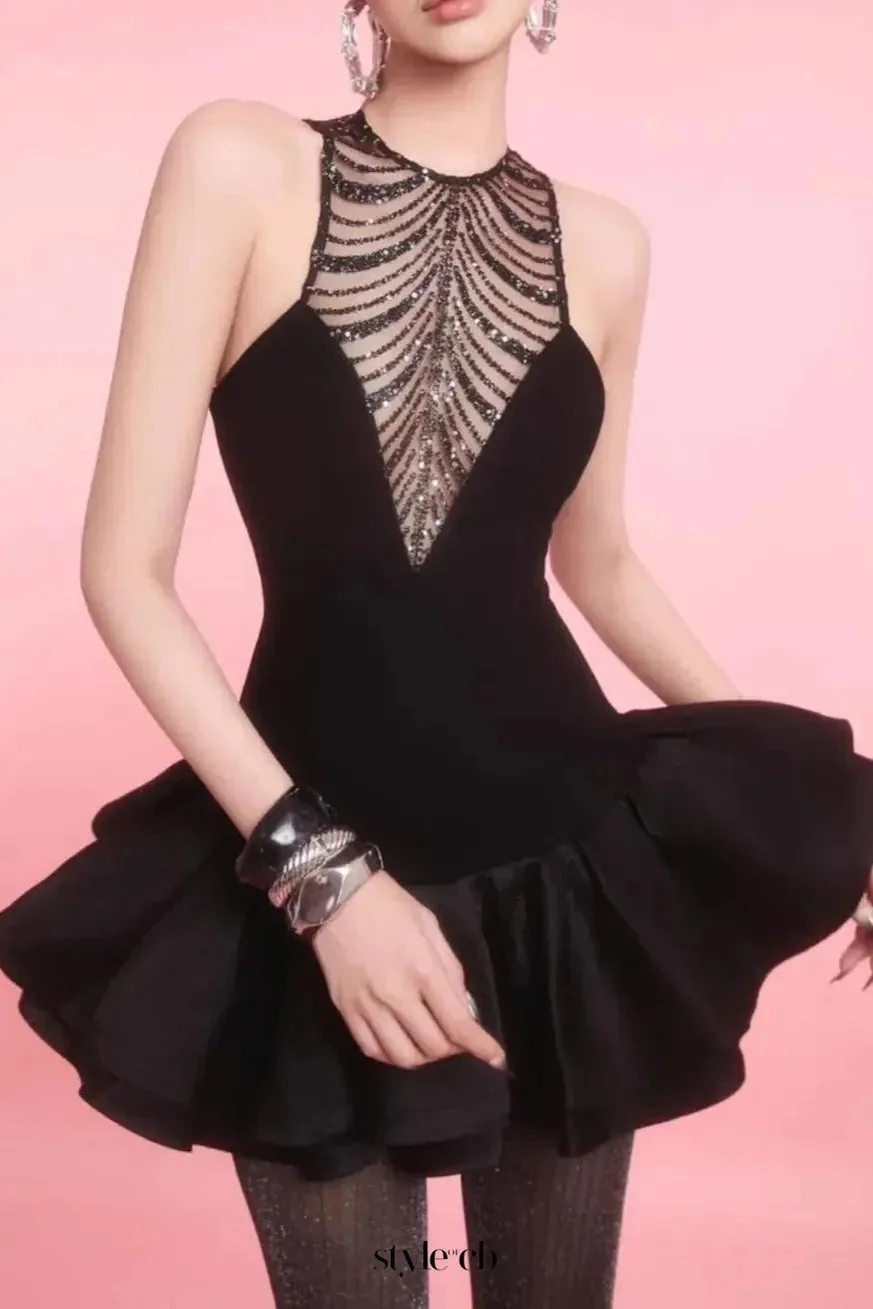 Black Sequin Tulle Mini Dress with Ruched Hem