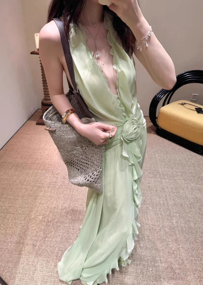 Green Floral Ruffle Halter Maxi Dress - Elegant Beach Dinner Attire