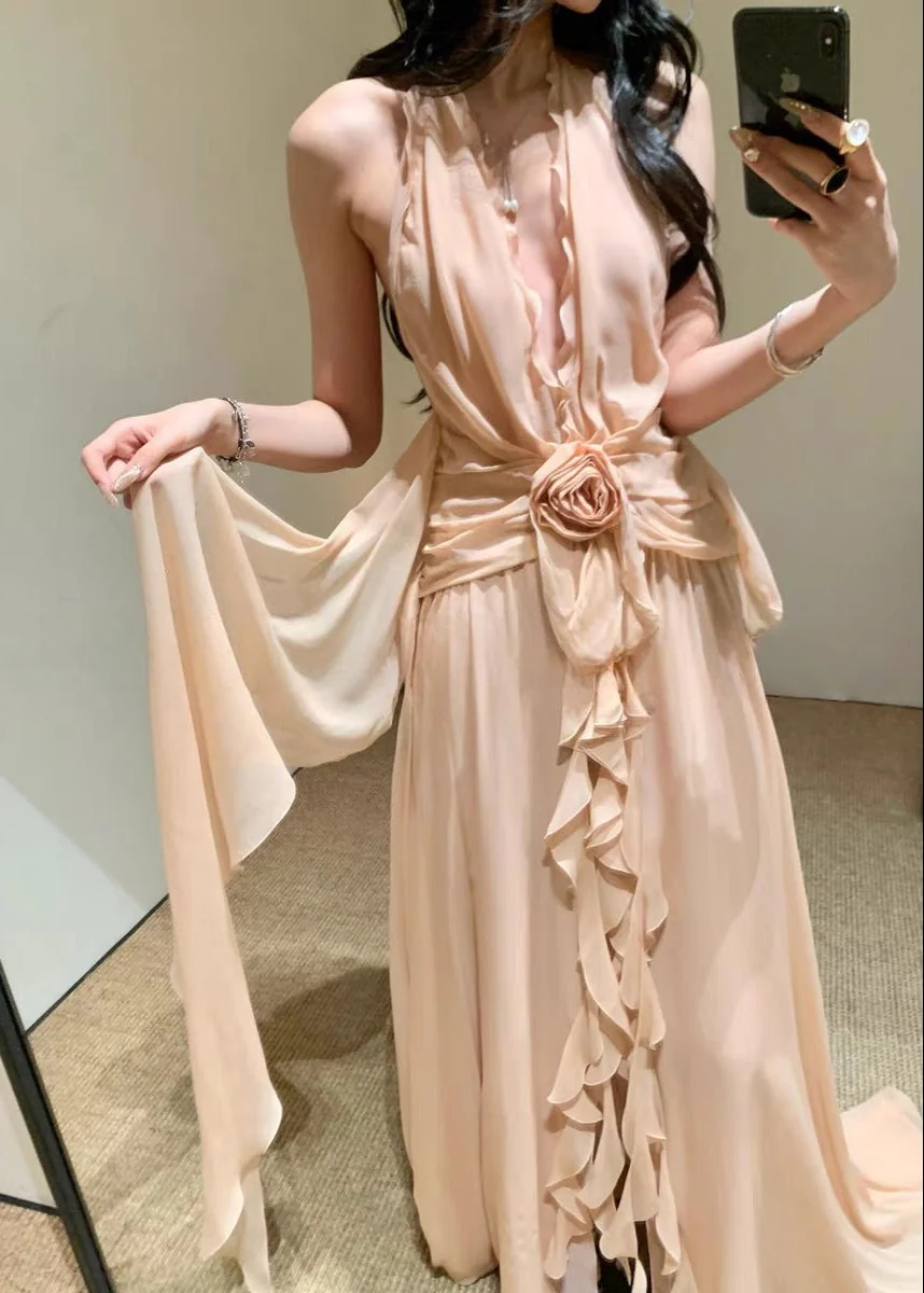 Pink Floral Ruffle Halter Maxi Dress - Elegant Spring Style