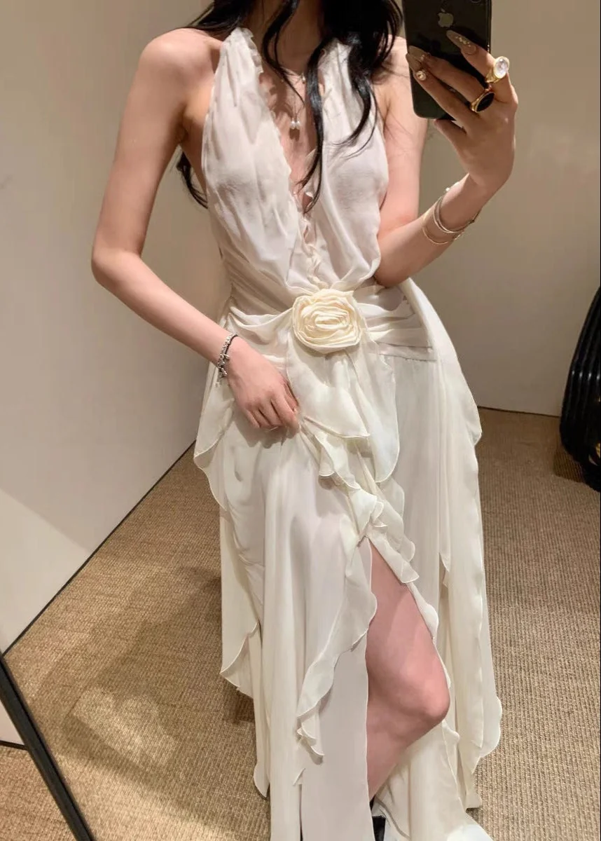 White Floral Ruffle Halter Maxi Dress - Elegant Summer Fashion