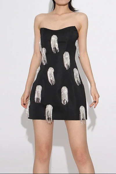 Black Sleeveless Diamond Tassels Mini Dress