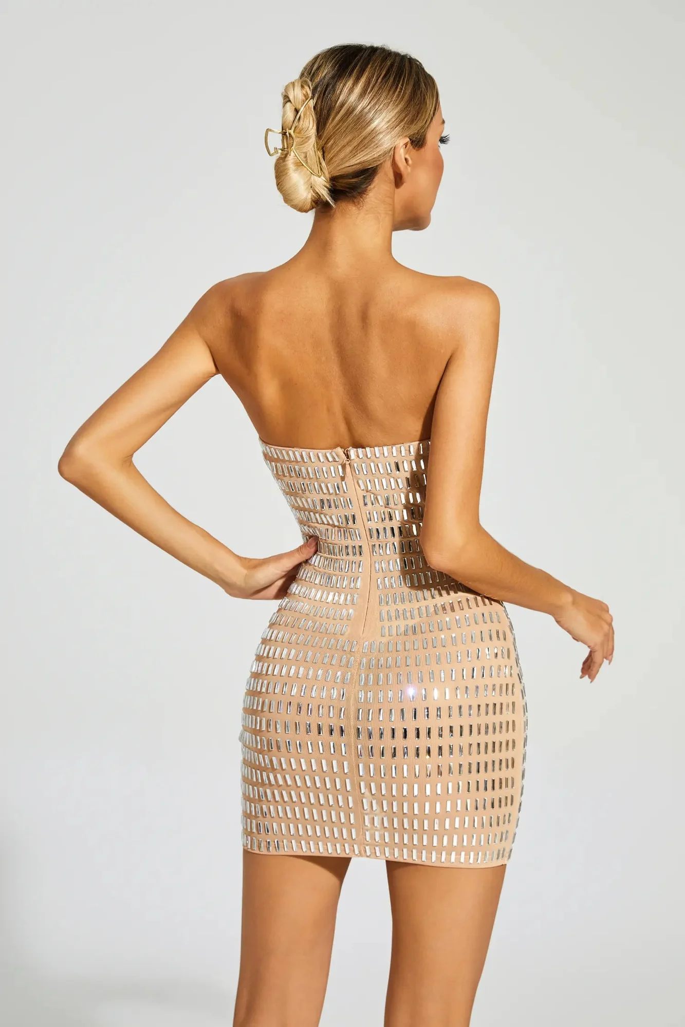 Champagne Off-Shoulder Diamond Embellished Mini Dress