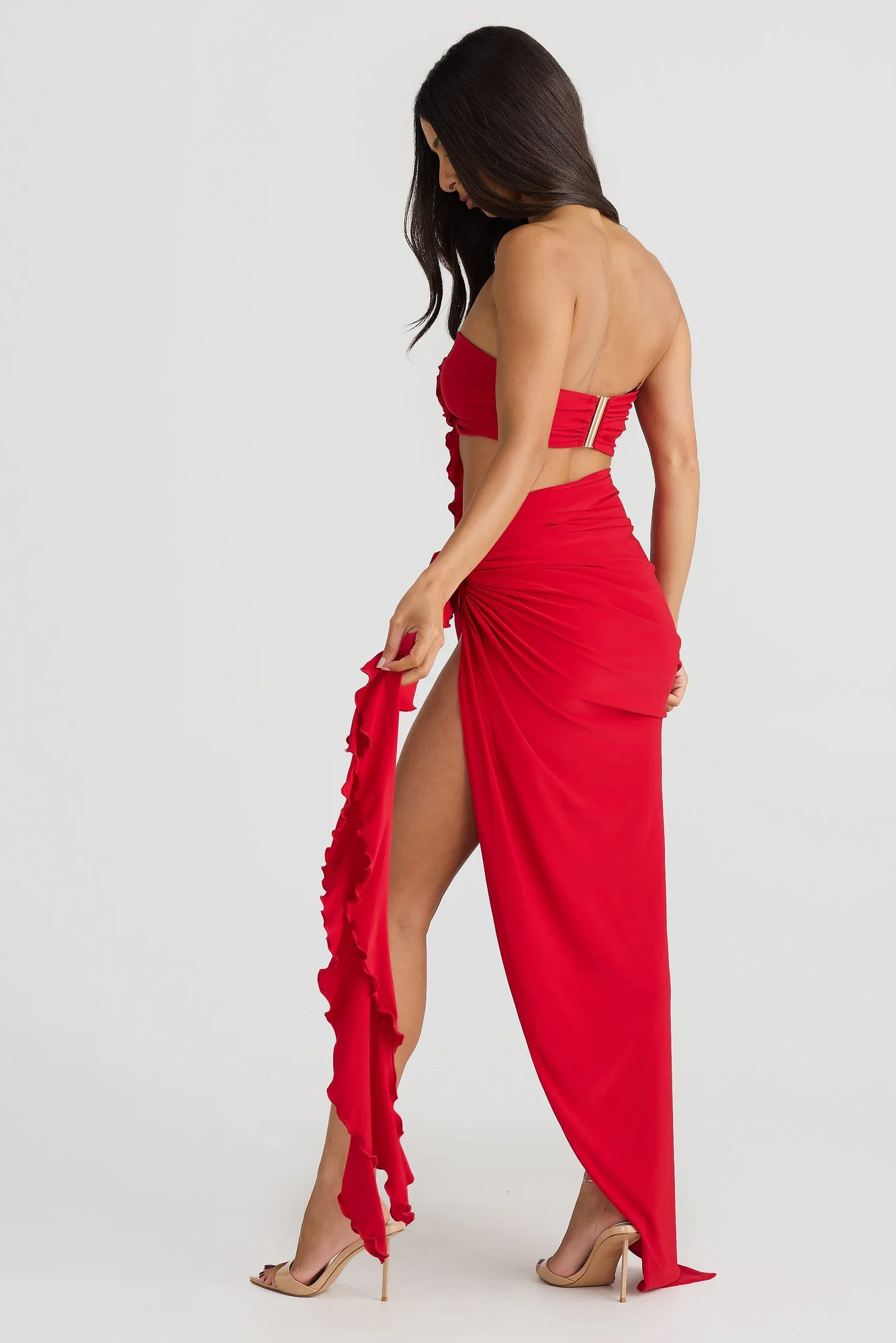 Red Floral Pleated Maxi Dress Set with Strapless Top