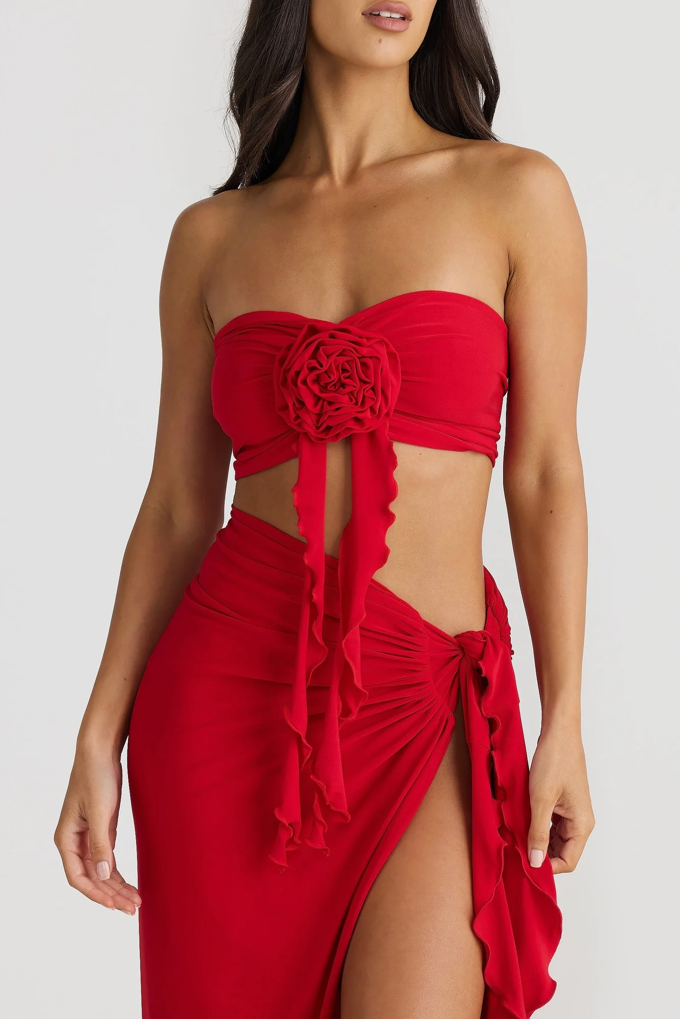 Red Floral Pleated Maxi Dress Set with Strapless Top