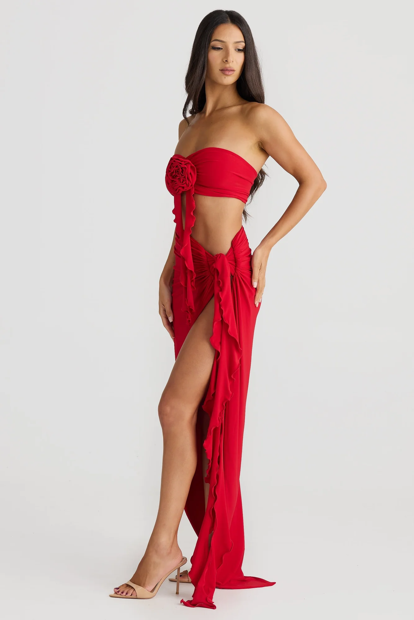 Red Floral Pleated Maxi Dress Set with Strapless Top