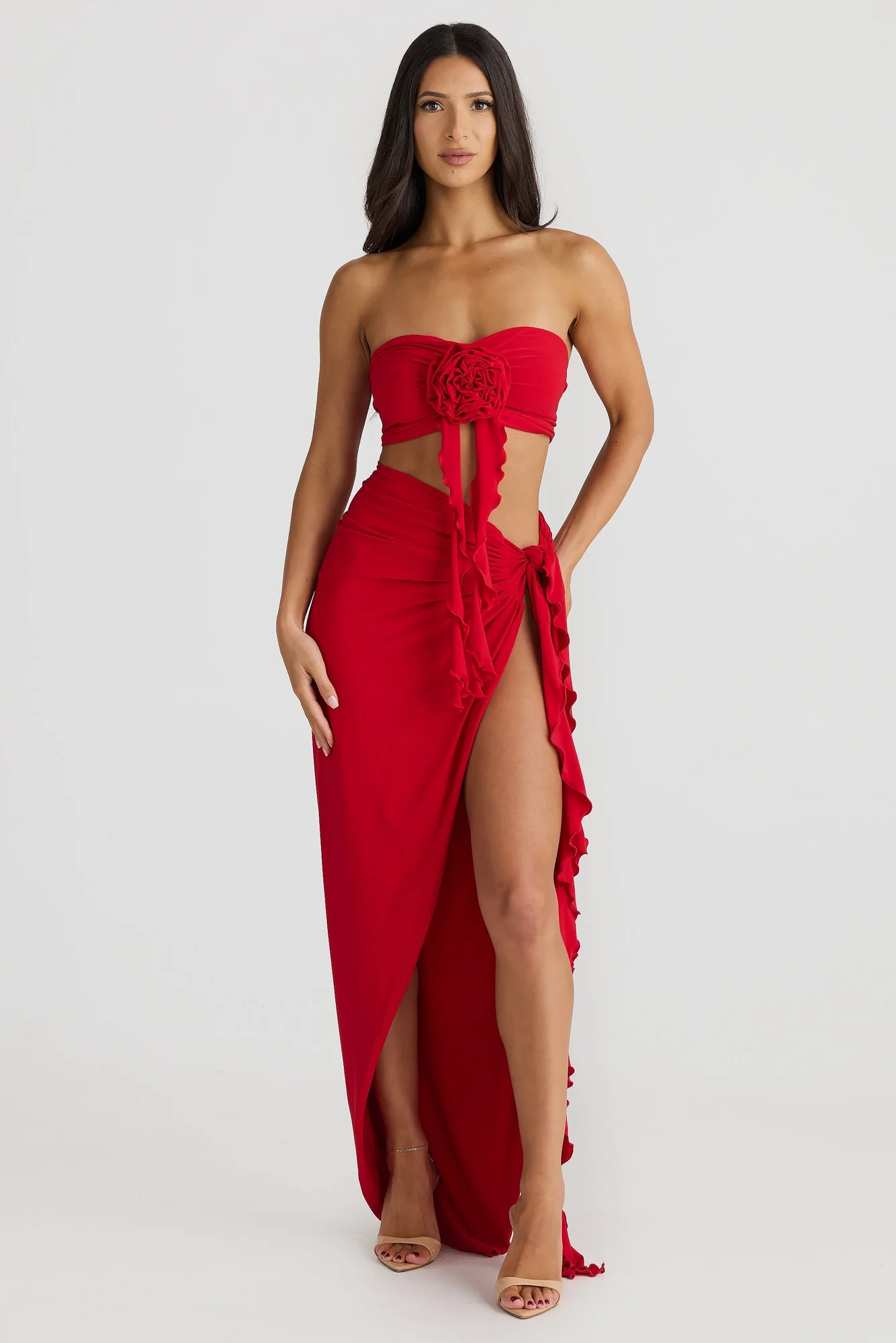 Red Floral Pleated Maxi Dress Set with Strapless Top