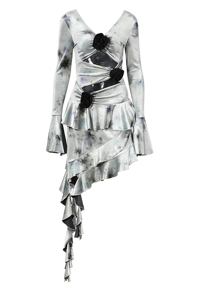 Floral Tie-Dye Asymmetric Fringe Midi Dress