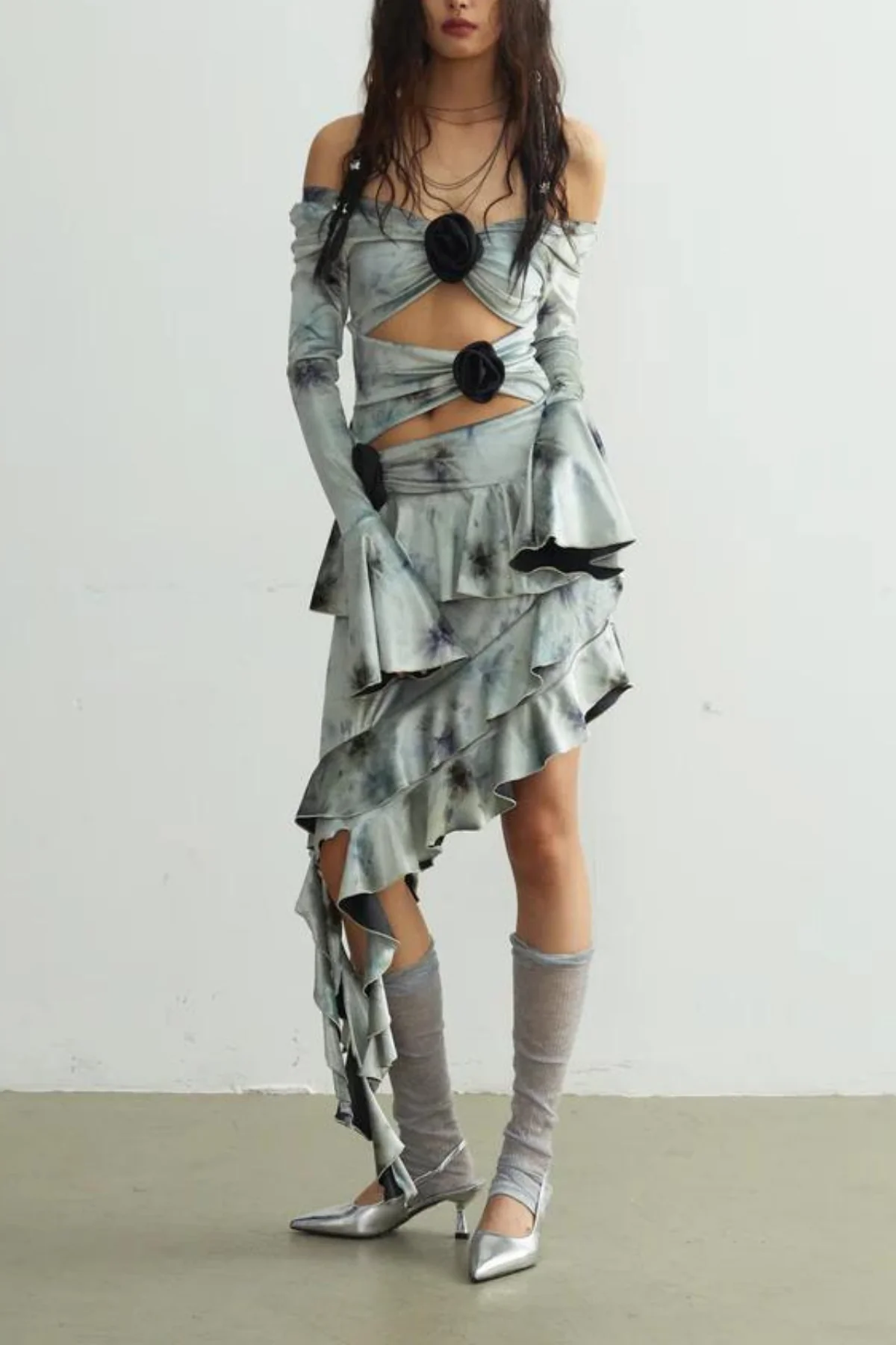 Floral Tie-Dye Asymmetric Fringe Midi Dress