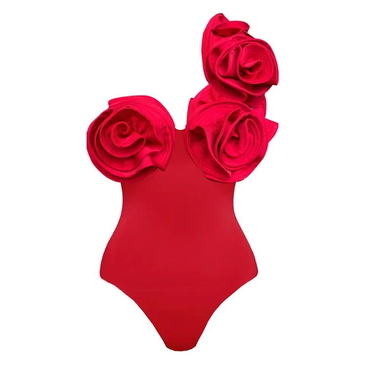 Red Floral Shoulder One-Piece Swimsuit Set for Women