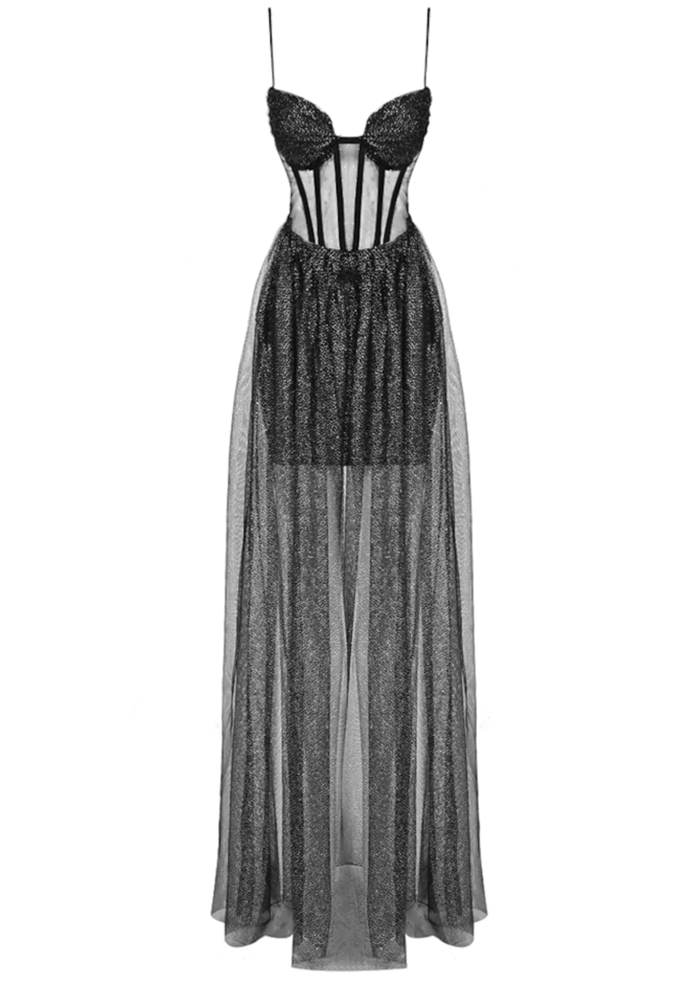 Black Sparkly A-Line Maxi Dress with Bustier Detail