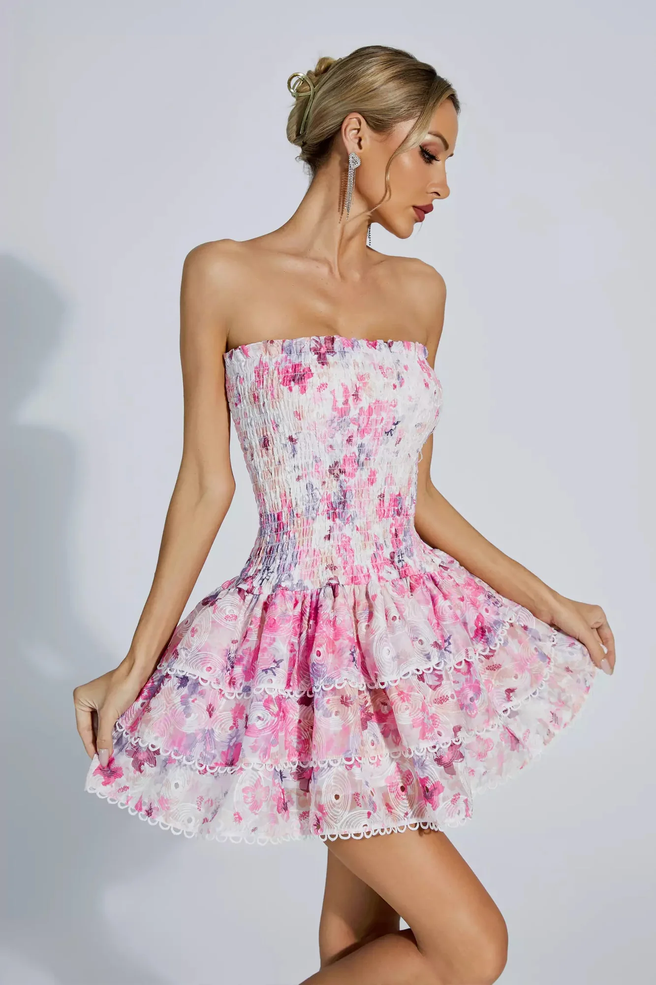Pink Floral Ruched Strapless Mini Dress - Elegant Spring Style