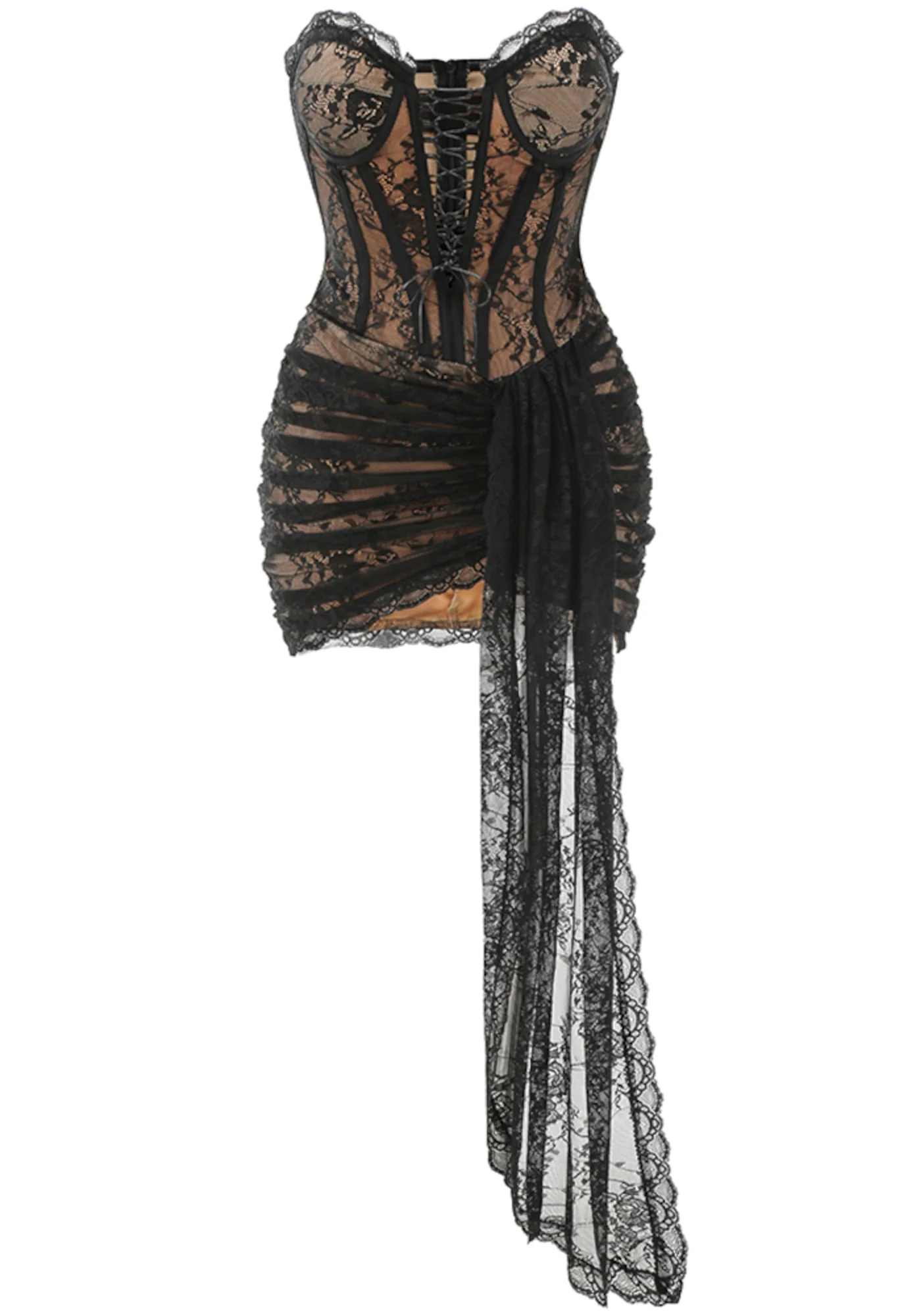 Black Lace Corset Mini Dress with Draped Design