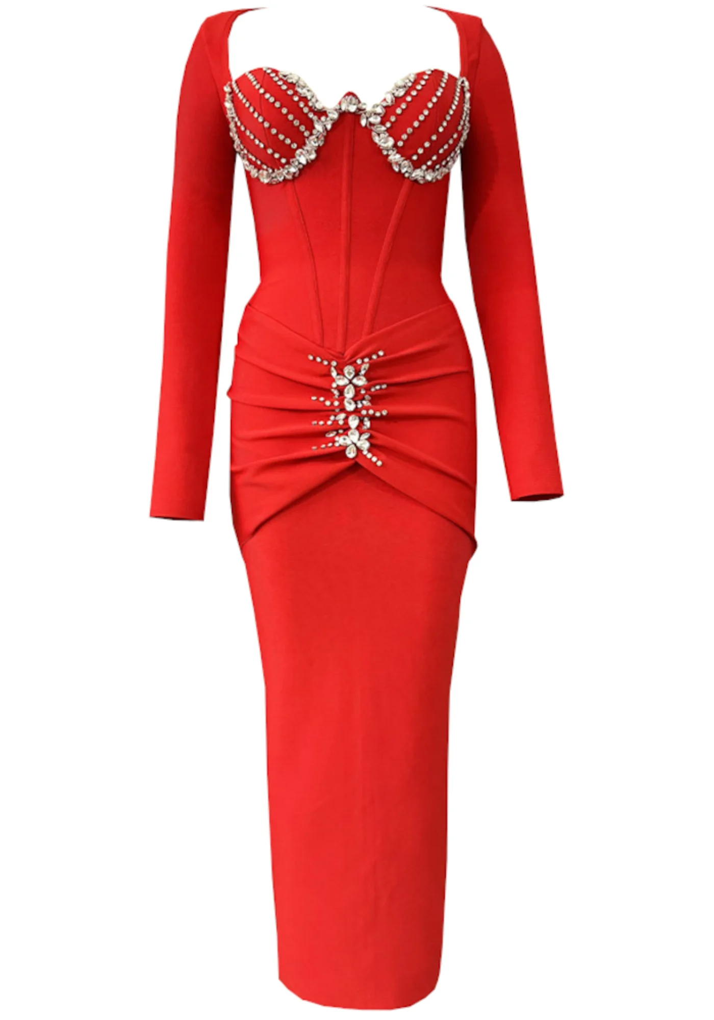 Red Crystal Bustier Draped Maxi Dress - Elegant Evening Gown