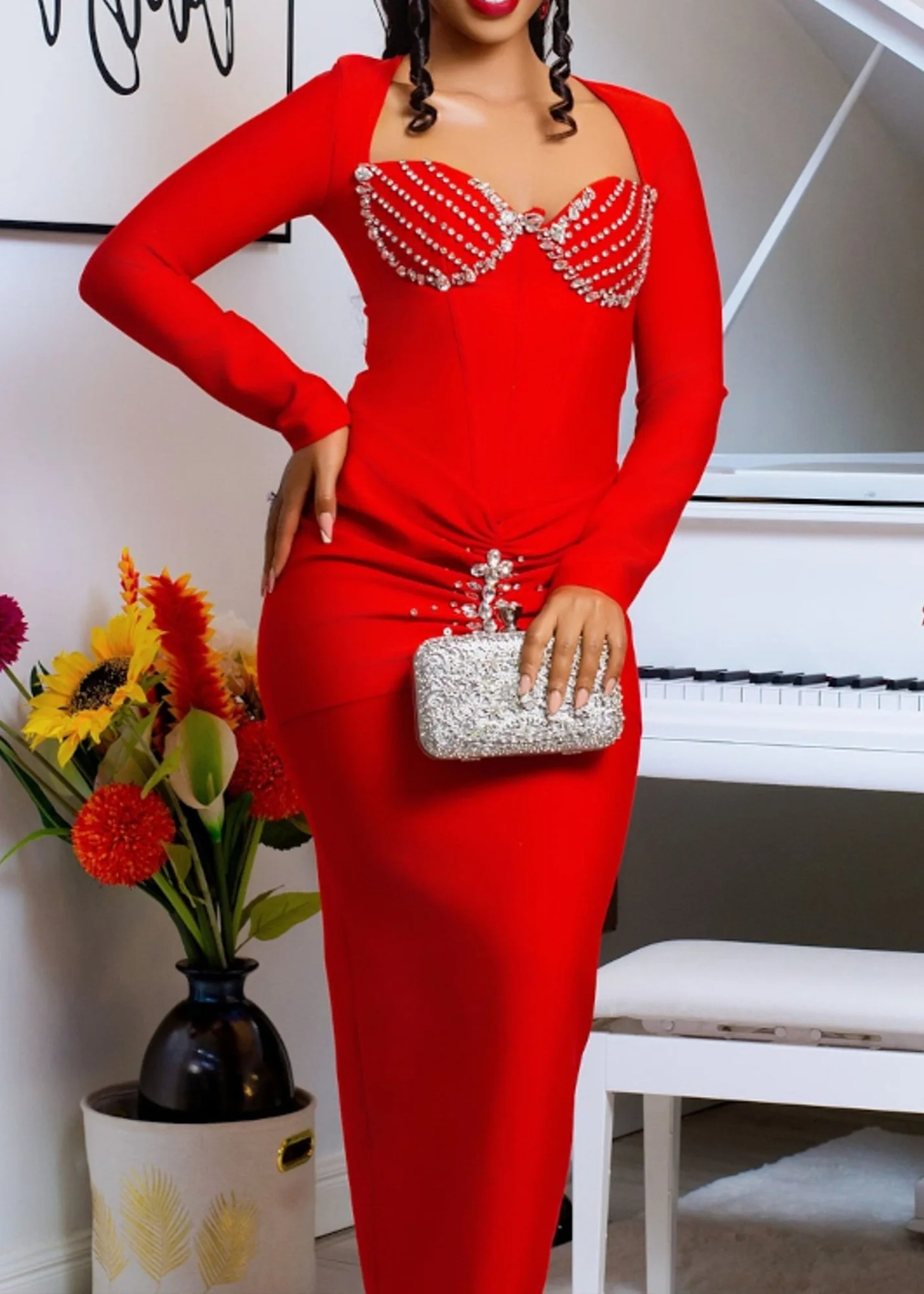 Red Crystal Bustier Draped Maxi Dress - Elegant Evening Gown