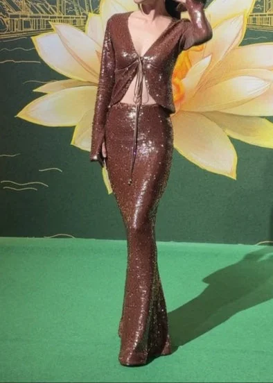 Brown Sequin V-Neck Maxi Dress with Long Sleeves