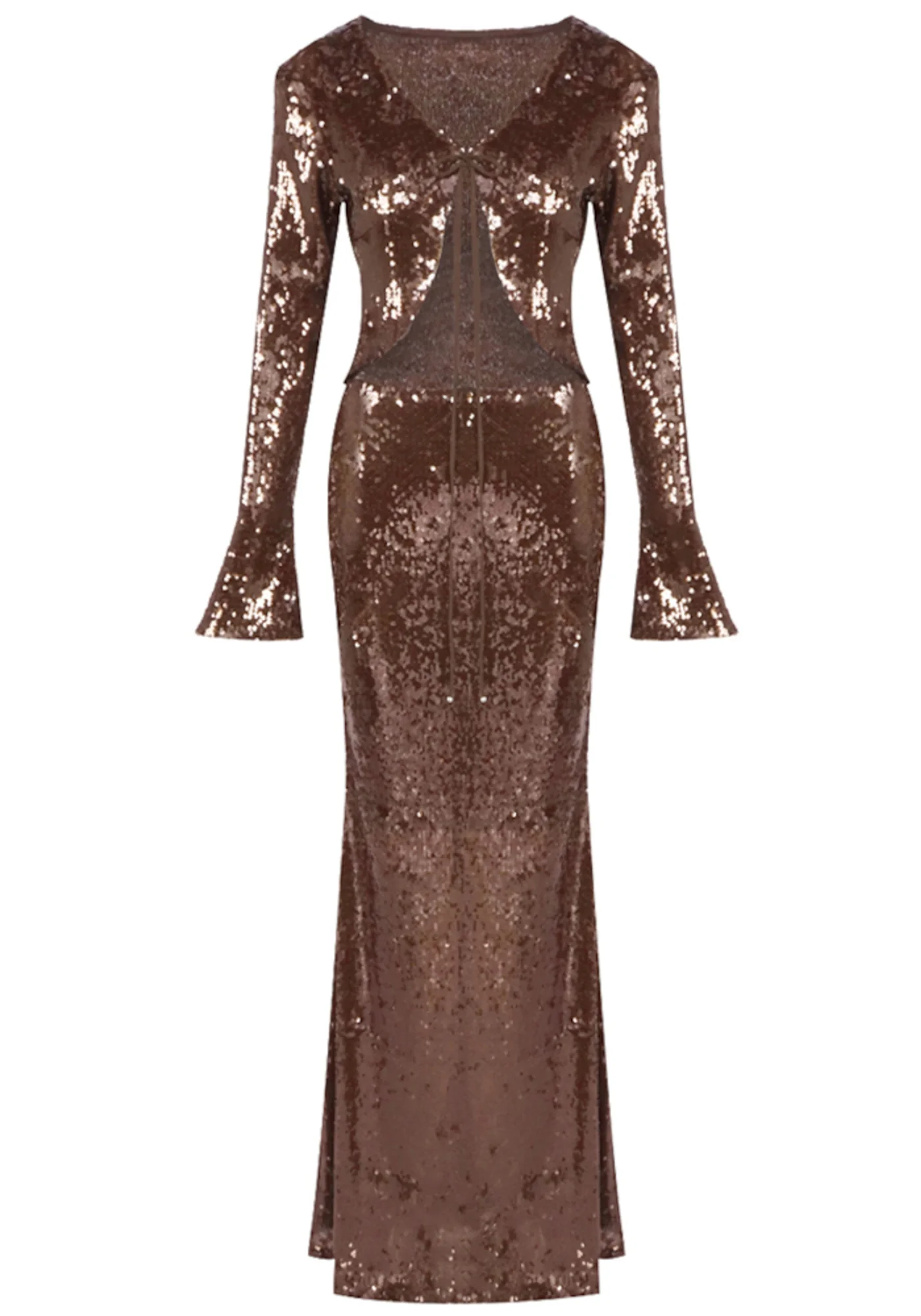 Brown Sequin V-Neck Maxi Dress with Long Sleeves