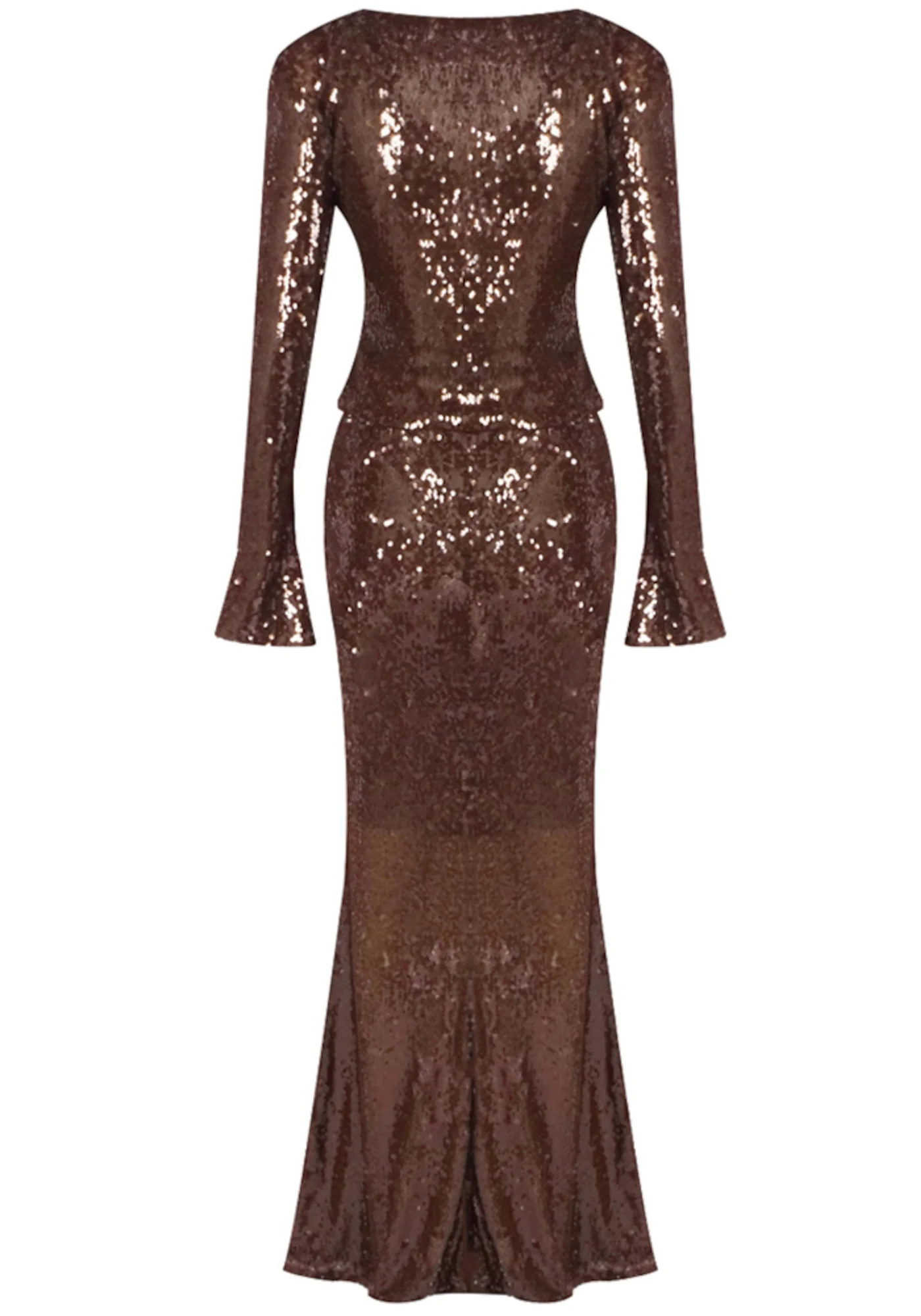 Brown Sequin V-Neck Maxi Dress with Long Sleeves