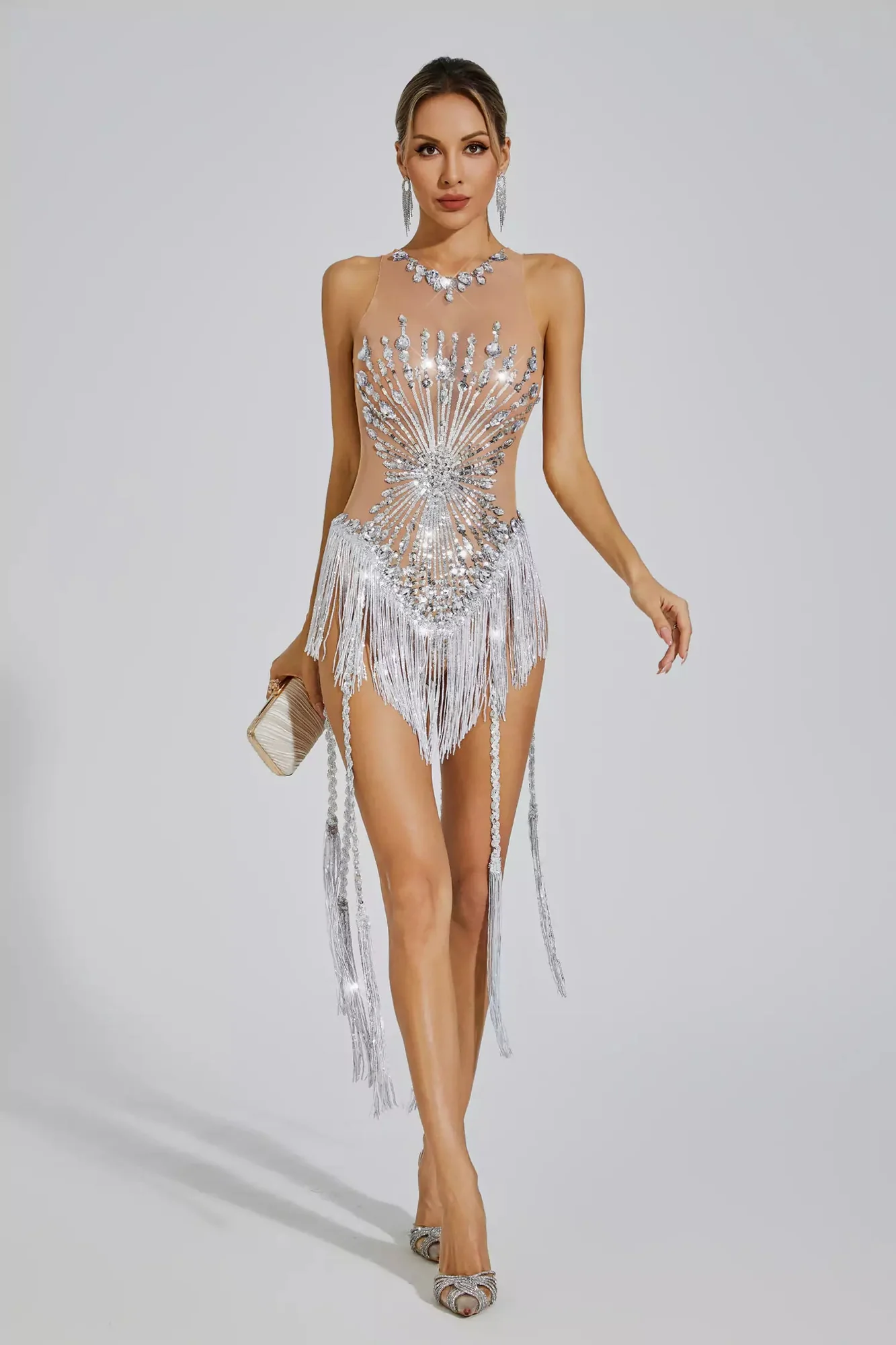 Silver Sequin Fringe Bodysuit Dress - Elegant Party Wear