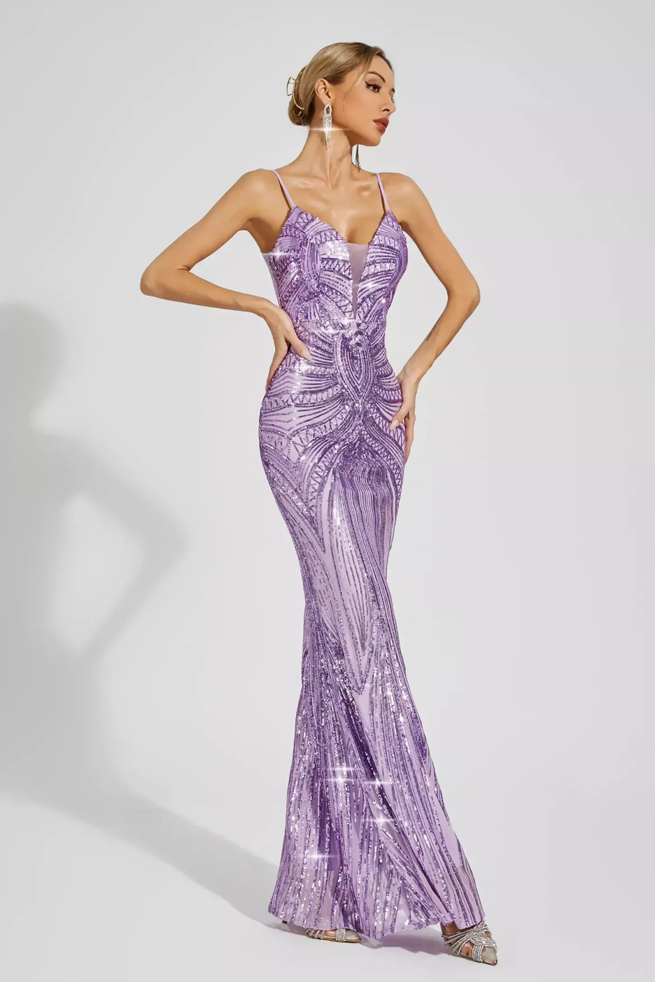 Purple Mermaid Sequins Floor-Length Evening Dress
