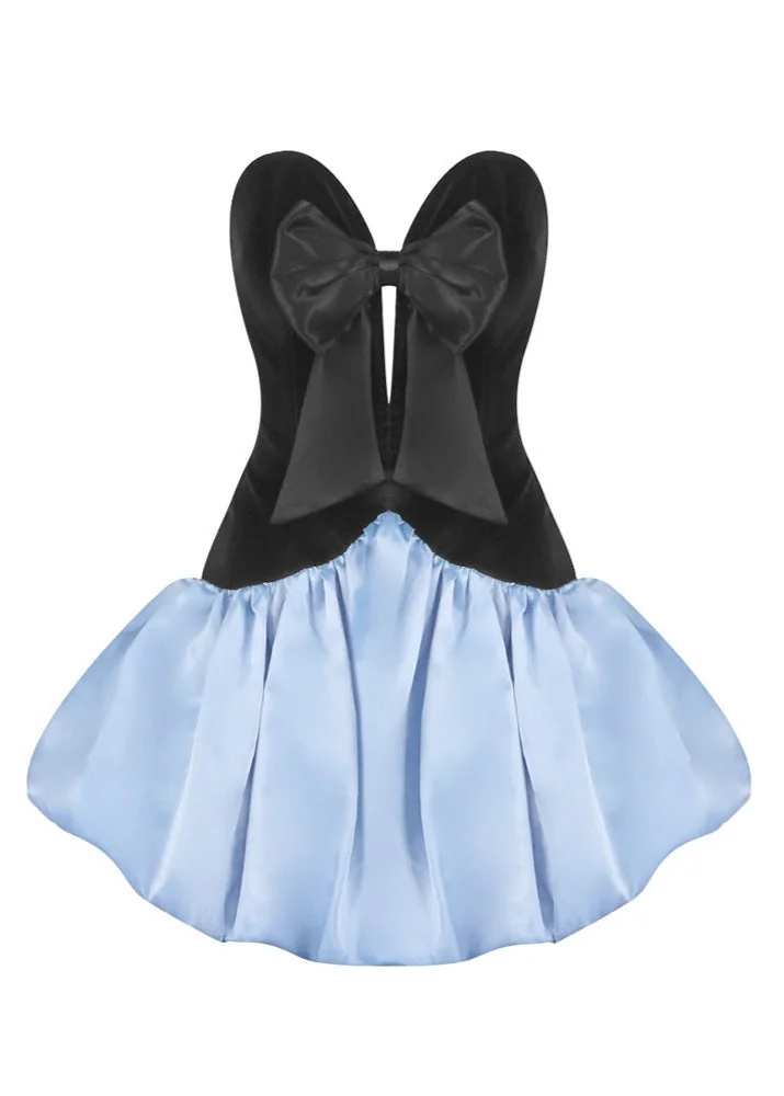 Velvet Deep V Bow Puffy Mini Dress