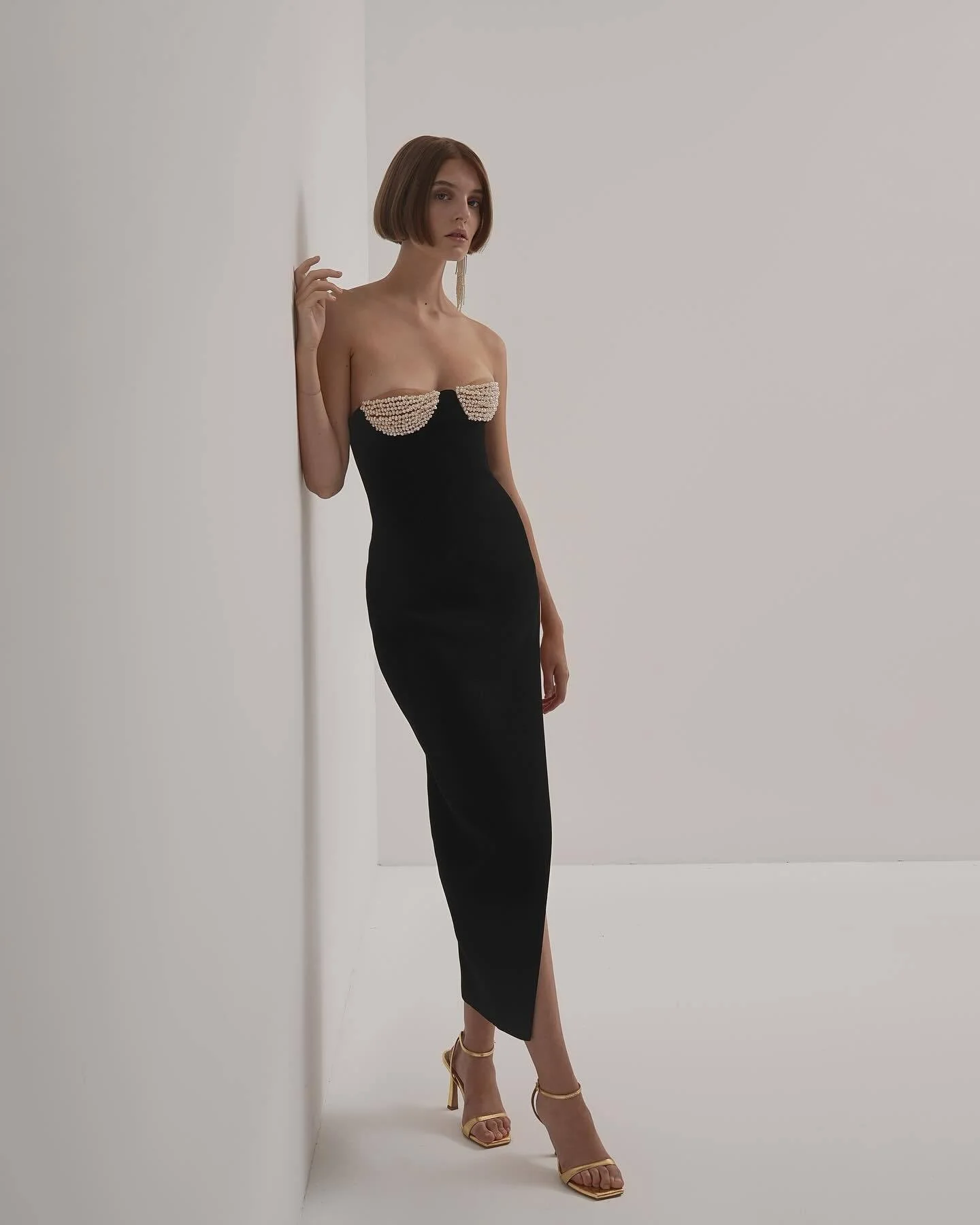 Black Pearl Embellished Maxi Dress - Elegant Strapless Design