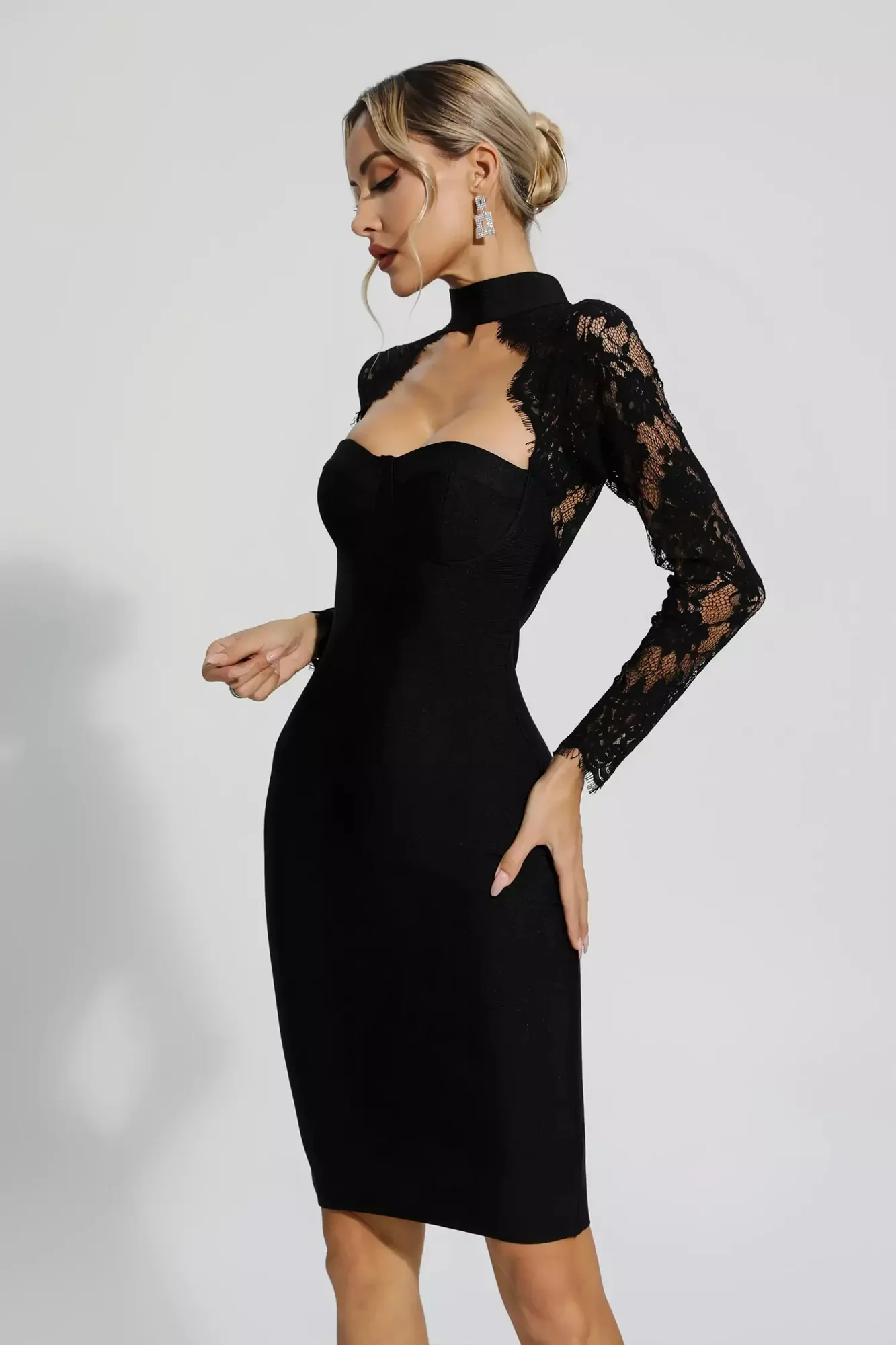 Black Lace Sleeve Halter Neck Bandage Dress