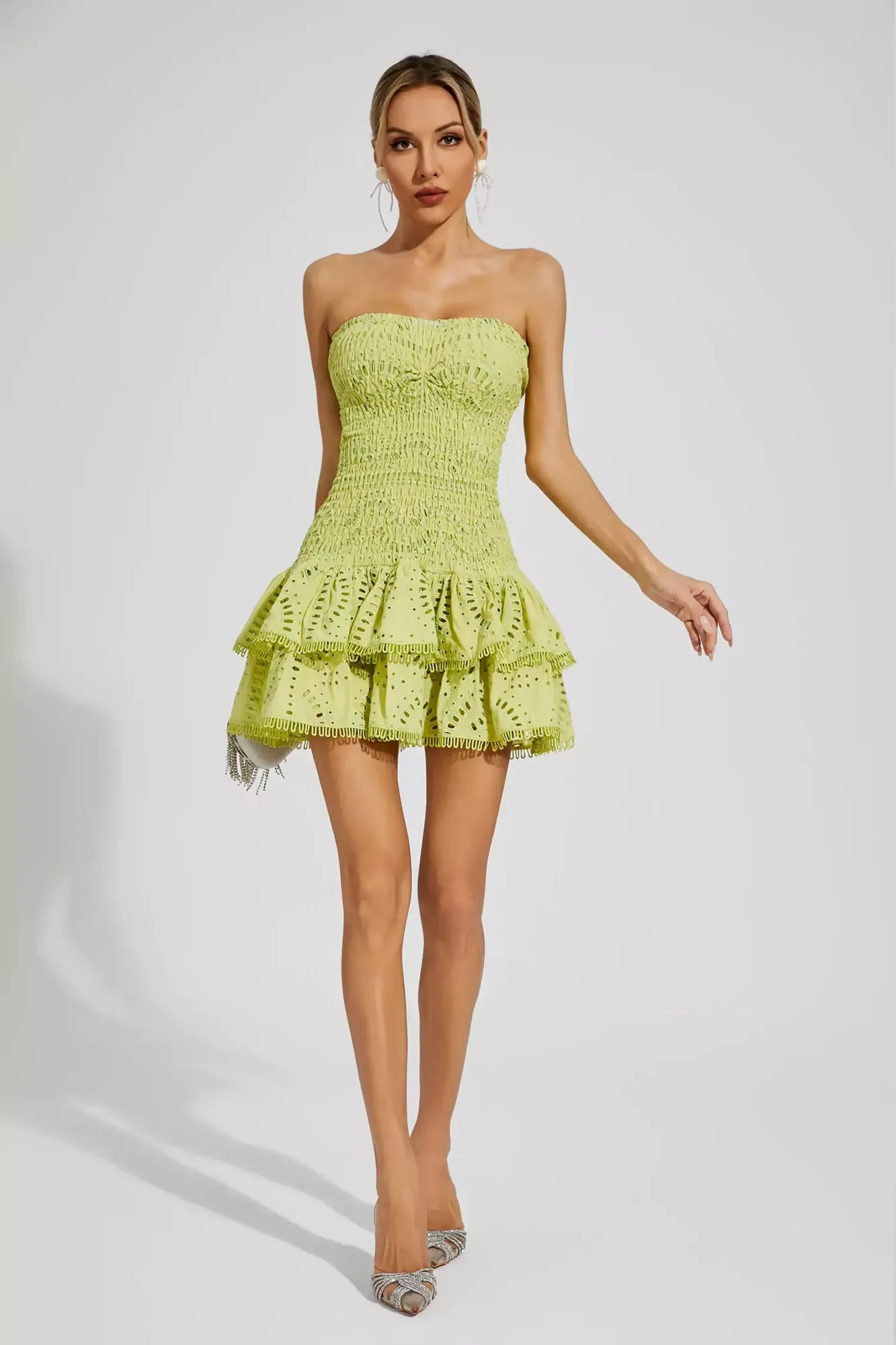 Green Strapless Ruffle Mini Dress - Feminine & Playful Style