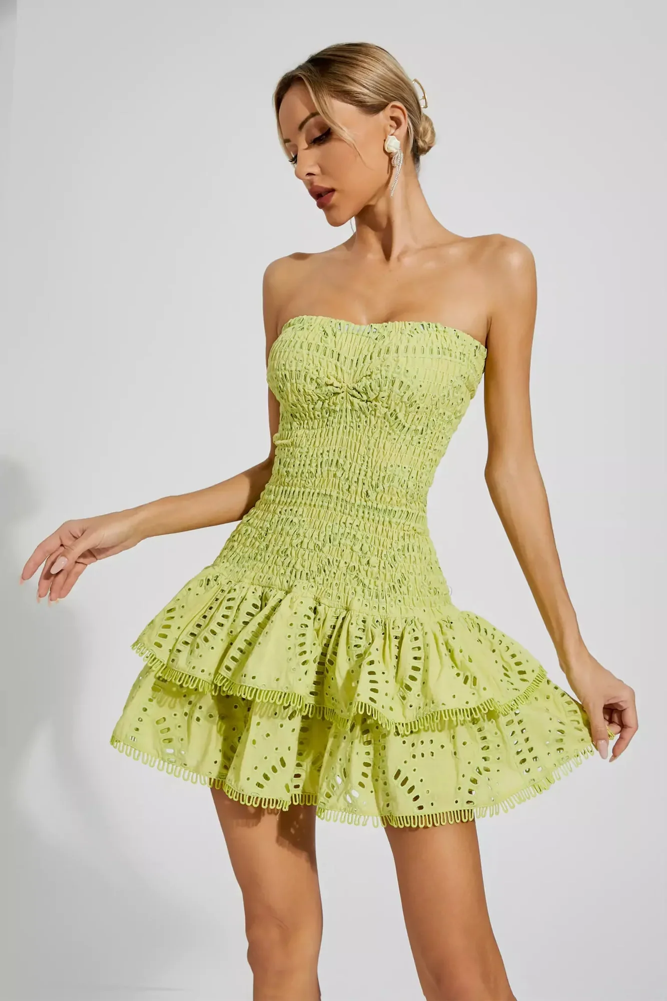Green Strapless Ruffle Mini Dress - Feminine & Playful Style