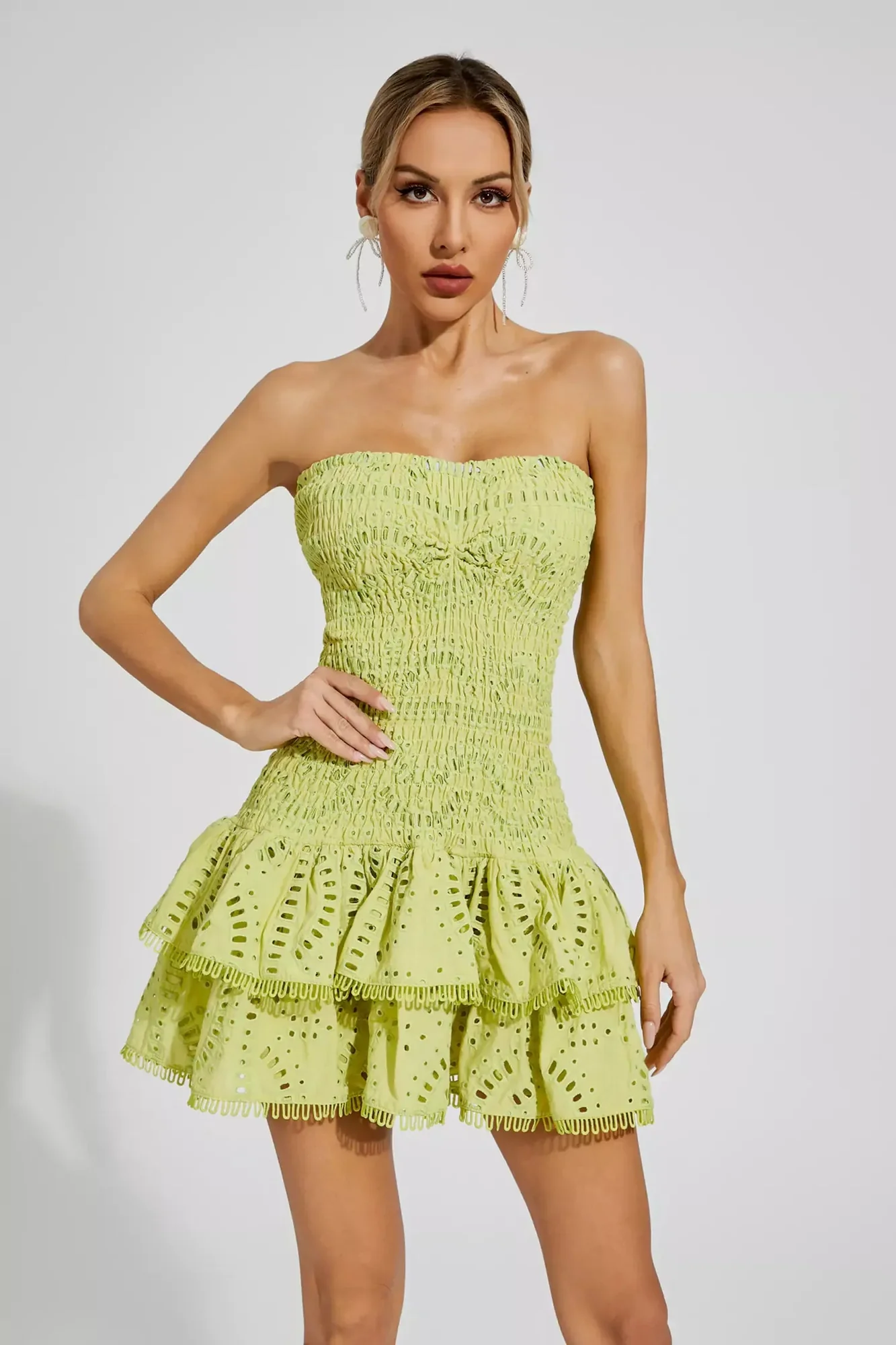 Green Strapless Ruffle Mini Dress - Feminine & Playful Style