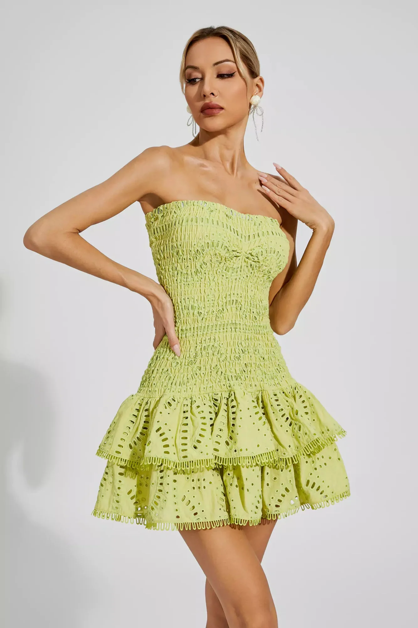 Green Strapless Ruffle Mini Dress - Feminine & Playful Style