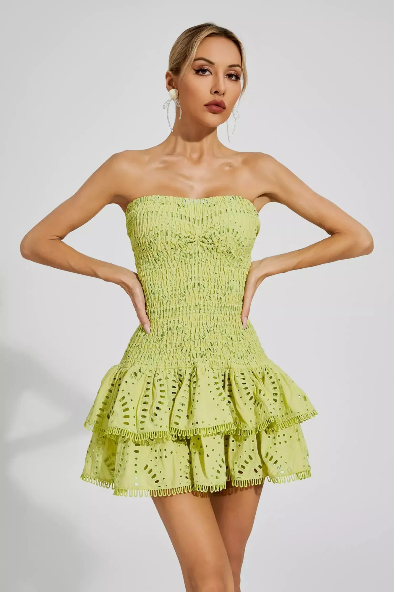 Green Strapless Ruffle Mini Dress - Feminine & Playful Style