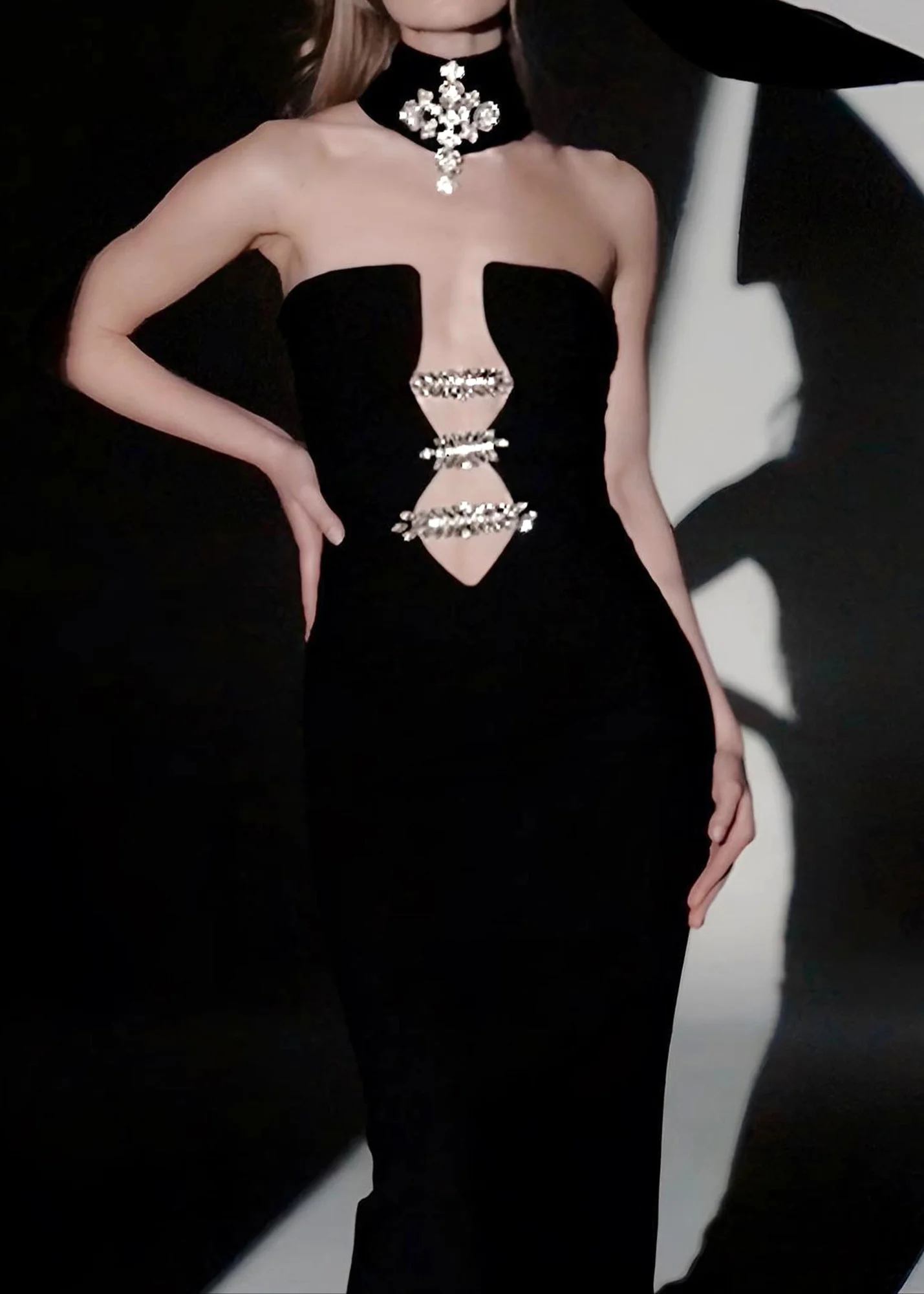 Black Strapless Choker Crystal Embellished Maxi Dress