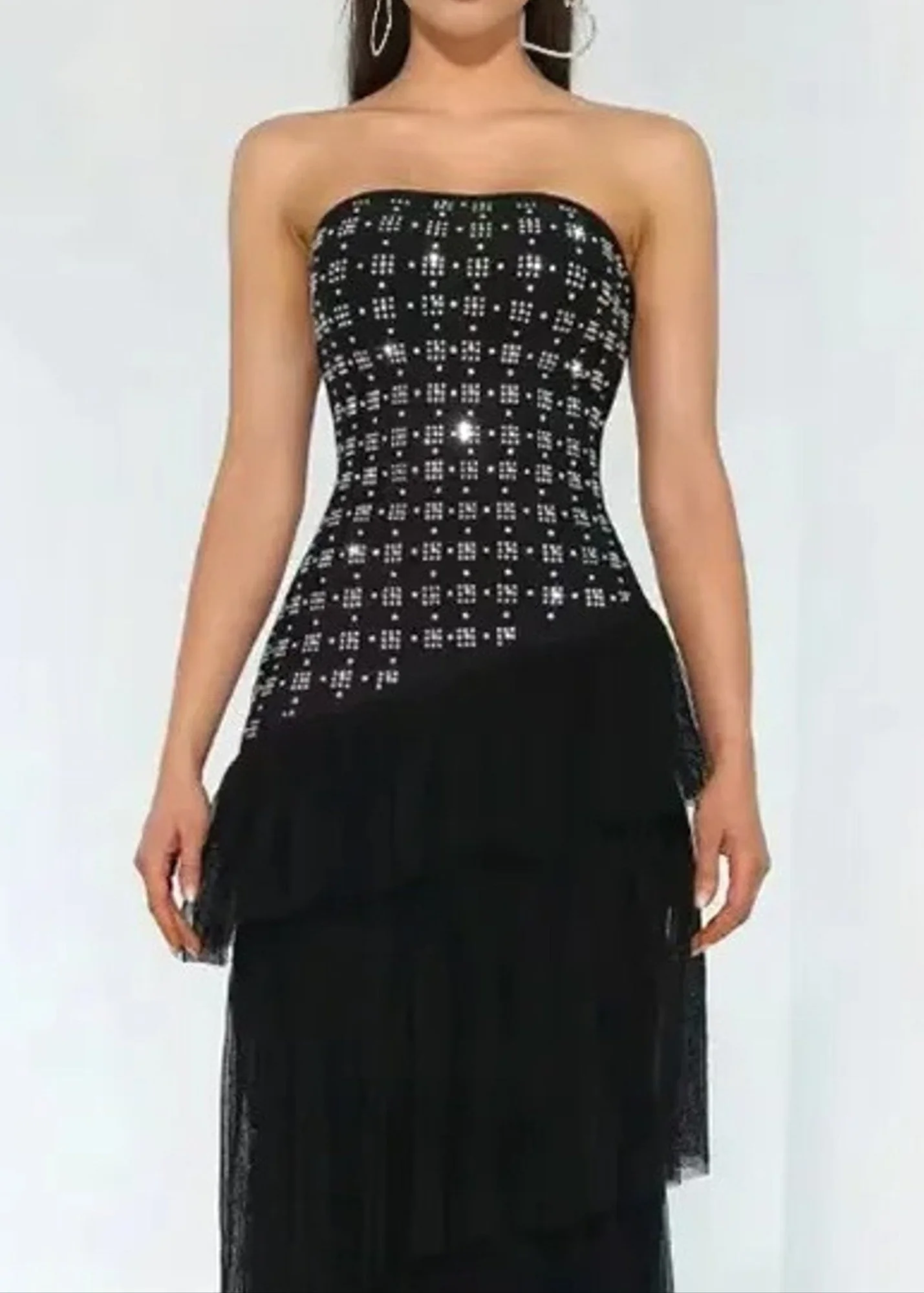 Black Crystal Ruffle Maxi Dress with Rhinestone Embellishments