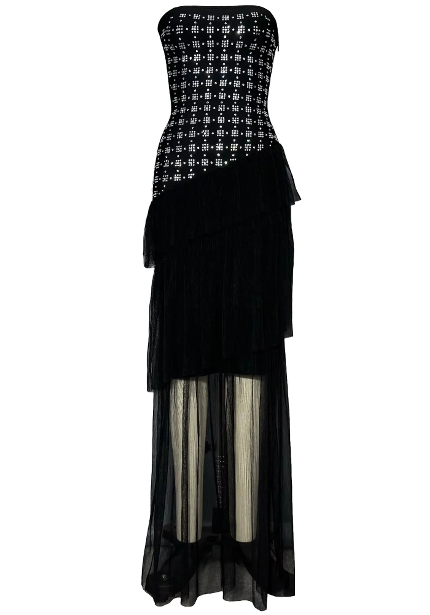 Black Crystal Ruffle Maxi Dress with Rhinestone Embellishments