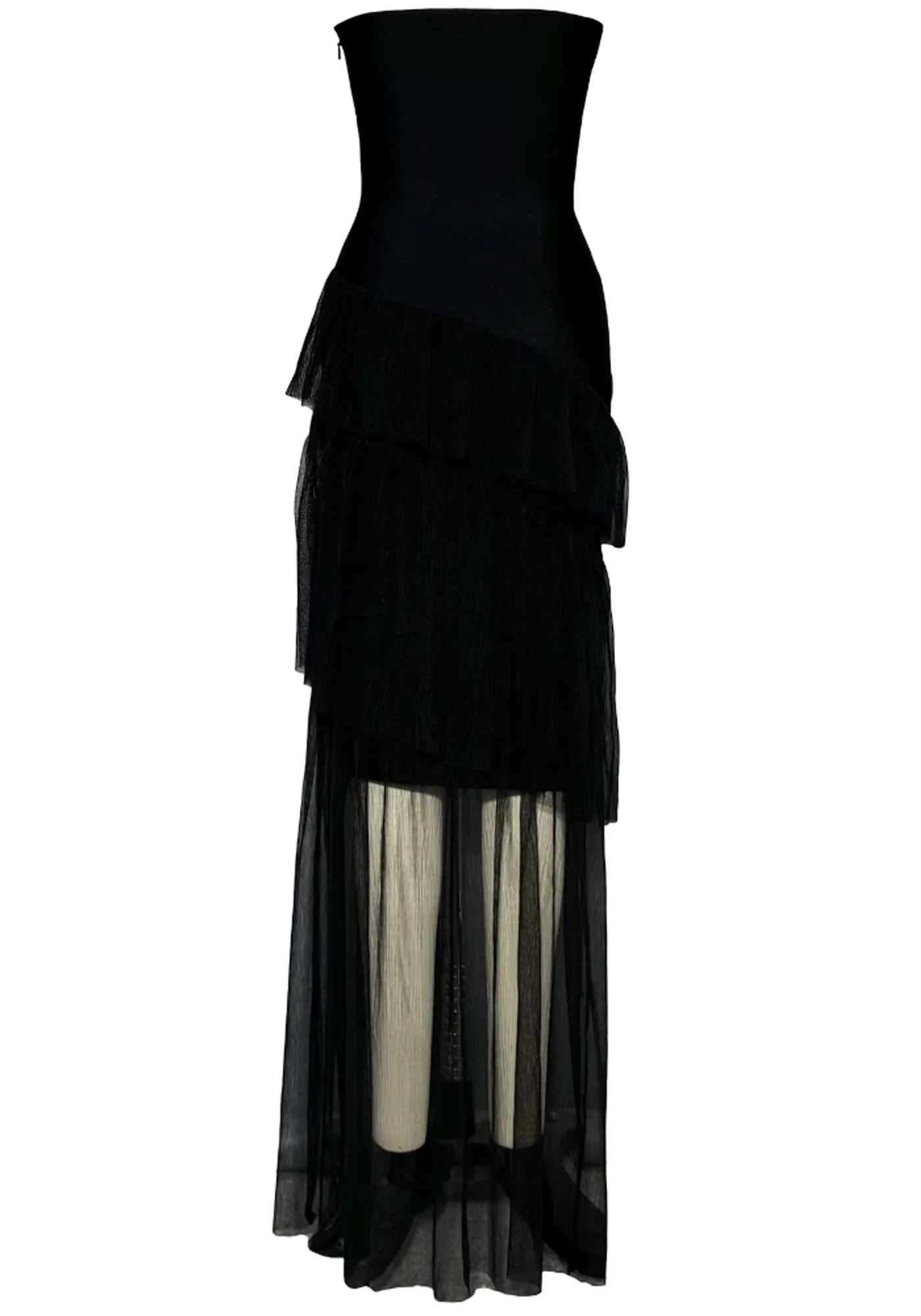 Black Crystal Ruffle Maxi Dress with Rhinestone Embellishments