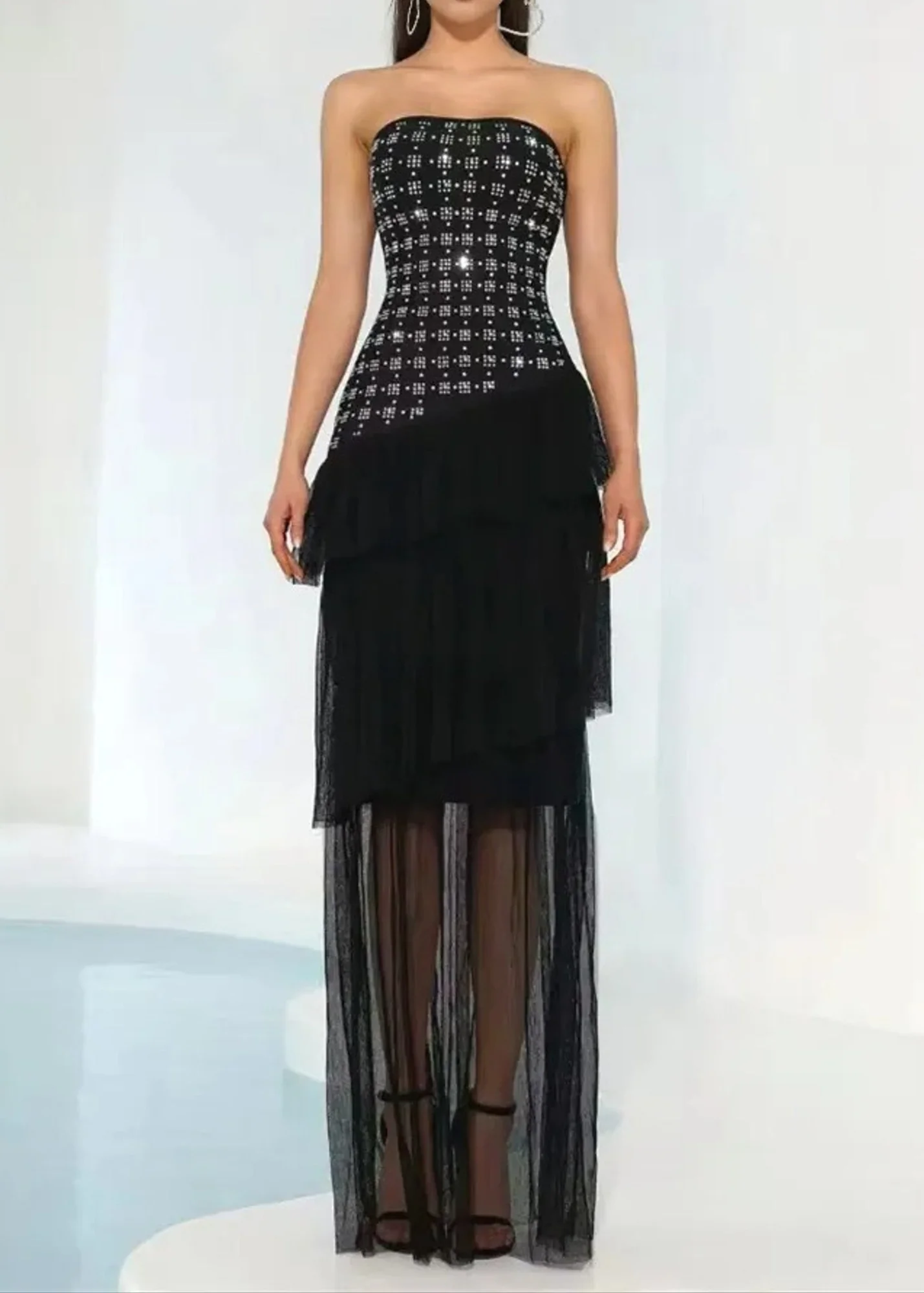 Black Crystal Ruffle Maxi Dress with Rhinestone Embellishments