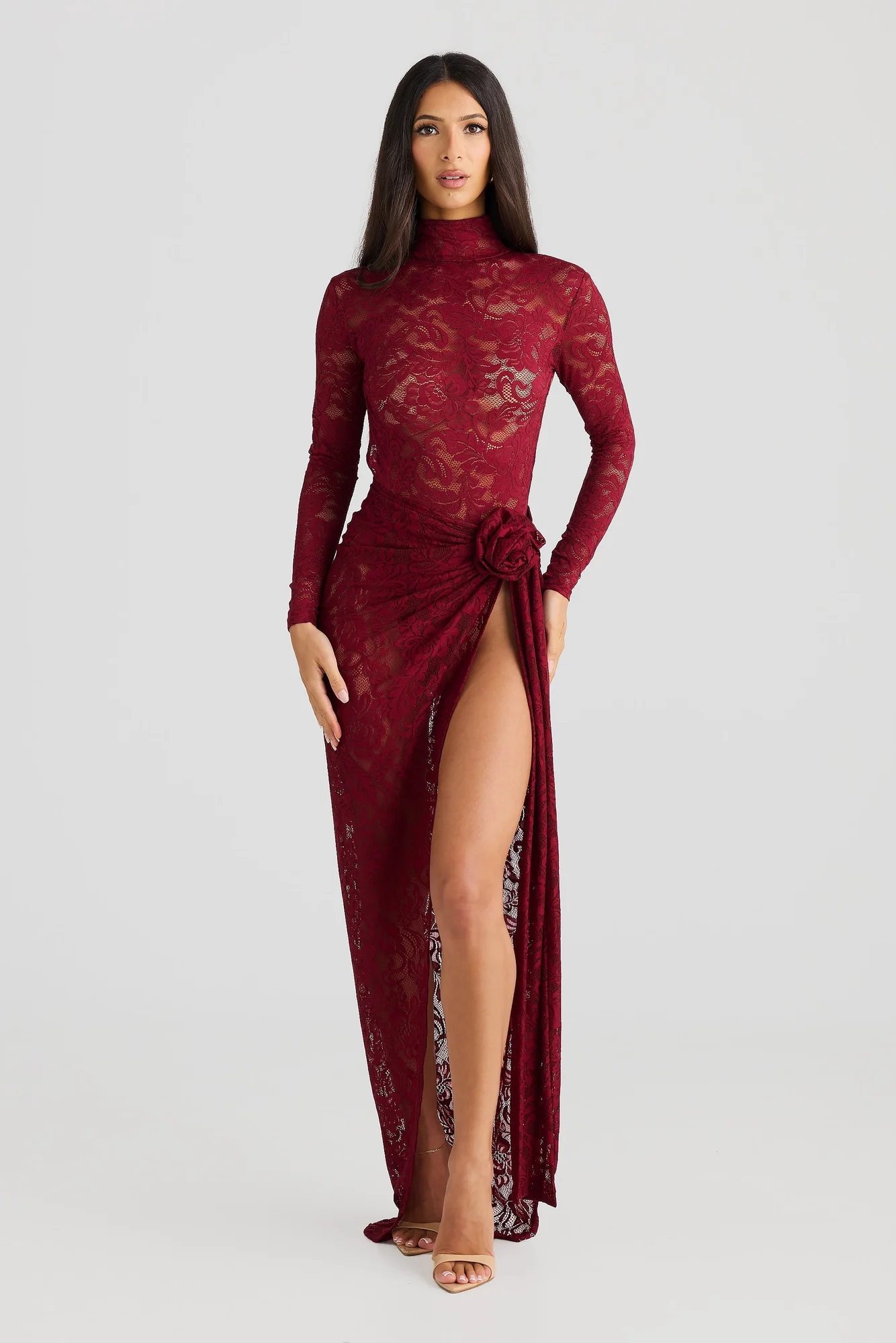 Wine Red Lace Backless Bodysuit Dress Set