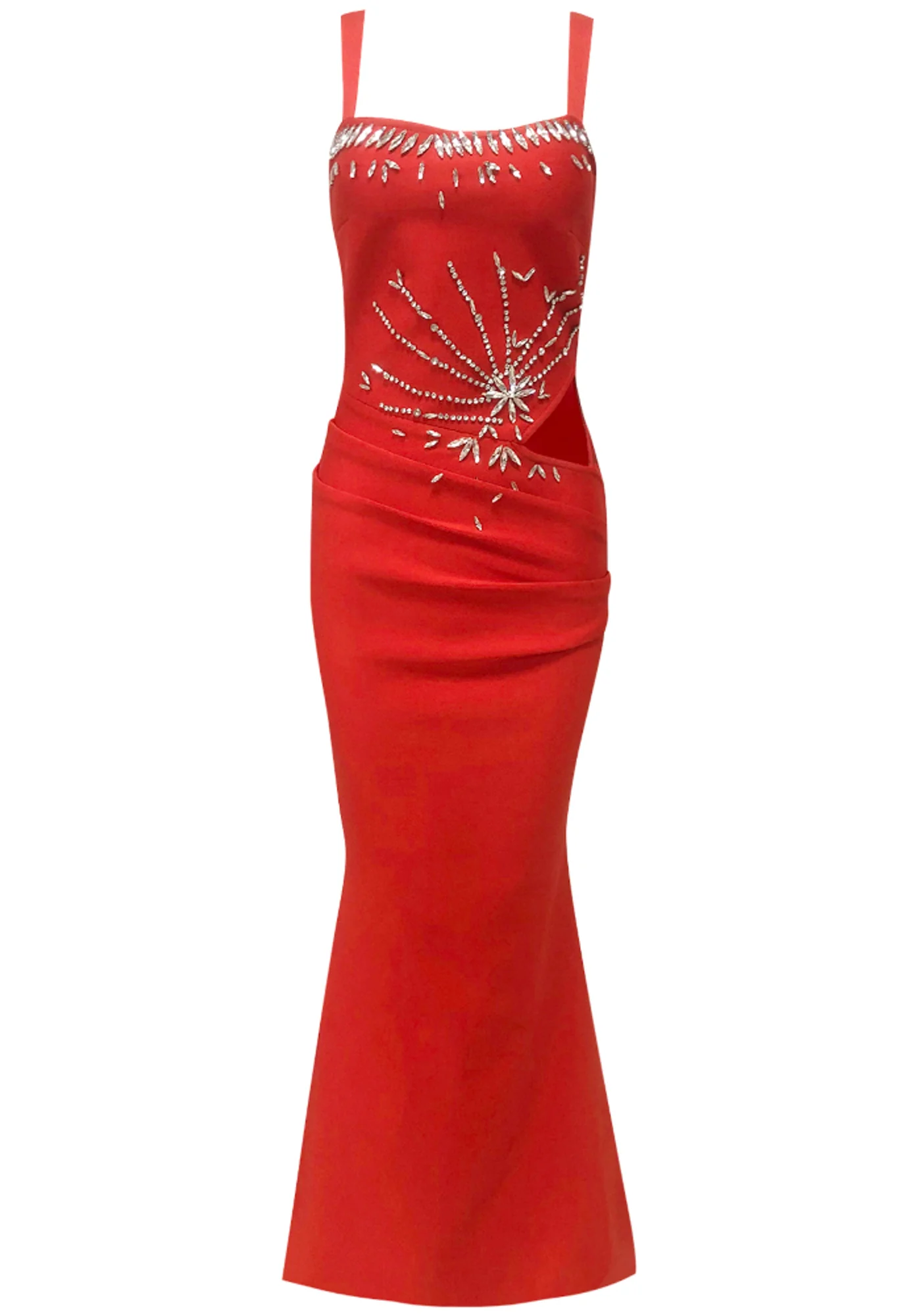 Red V-Neck Crystal Maxi Dress with Rhinestone Embellishments