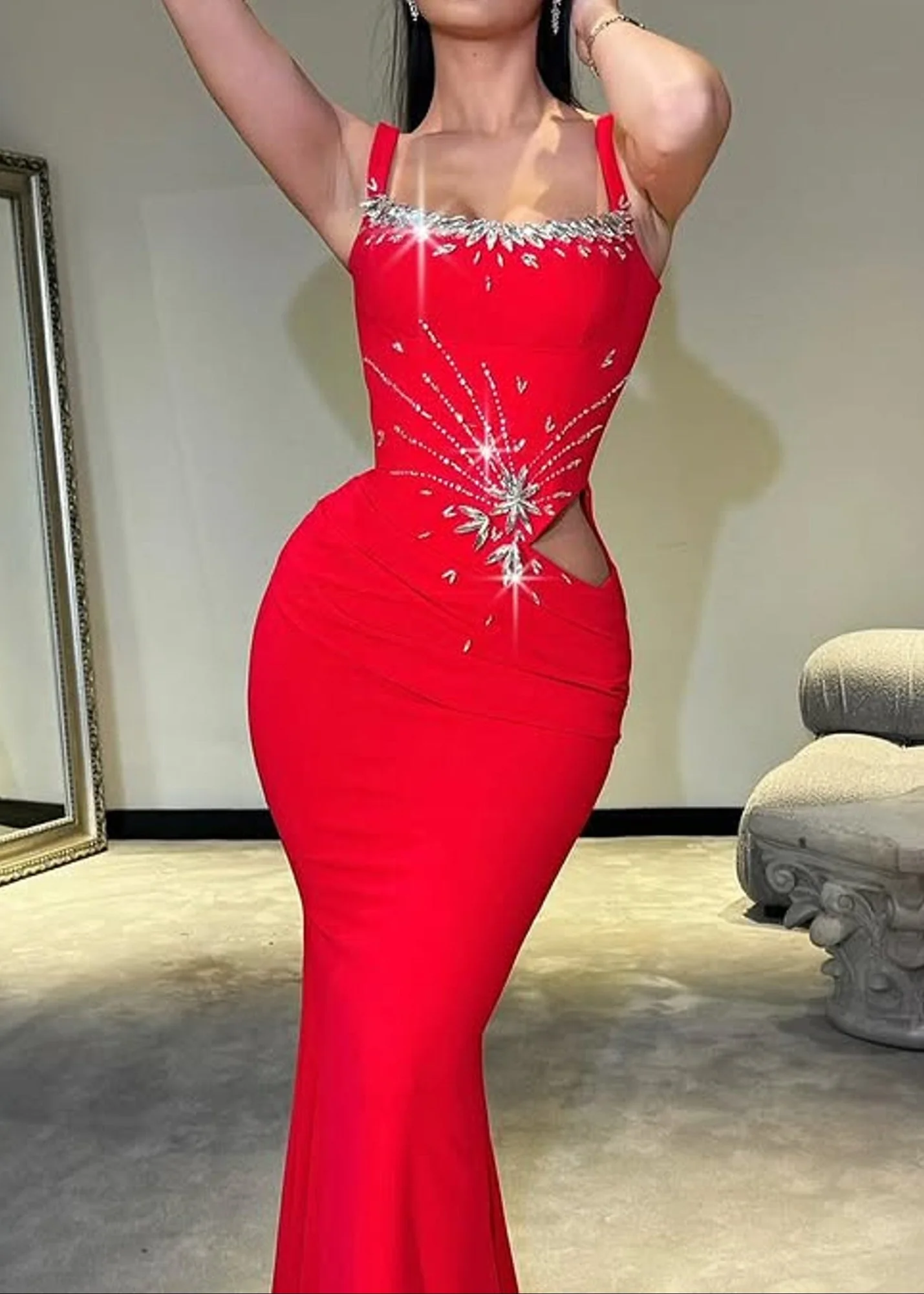 Red V-Neck Crystal Maxi Dress with Rhinestone Embellishments