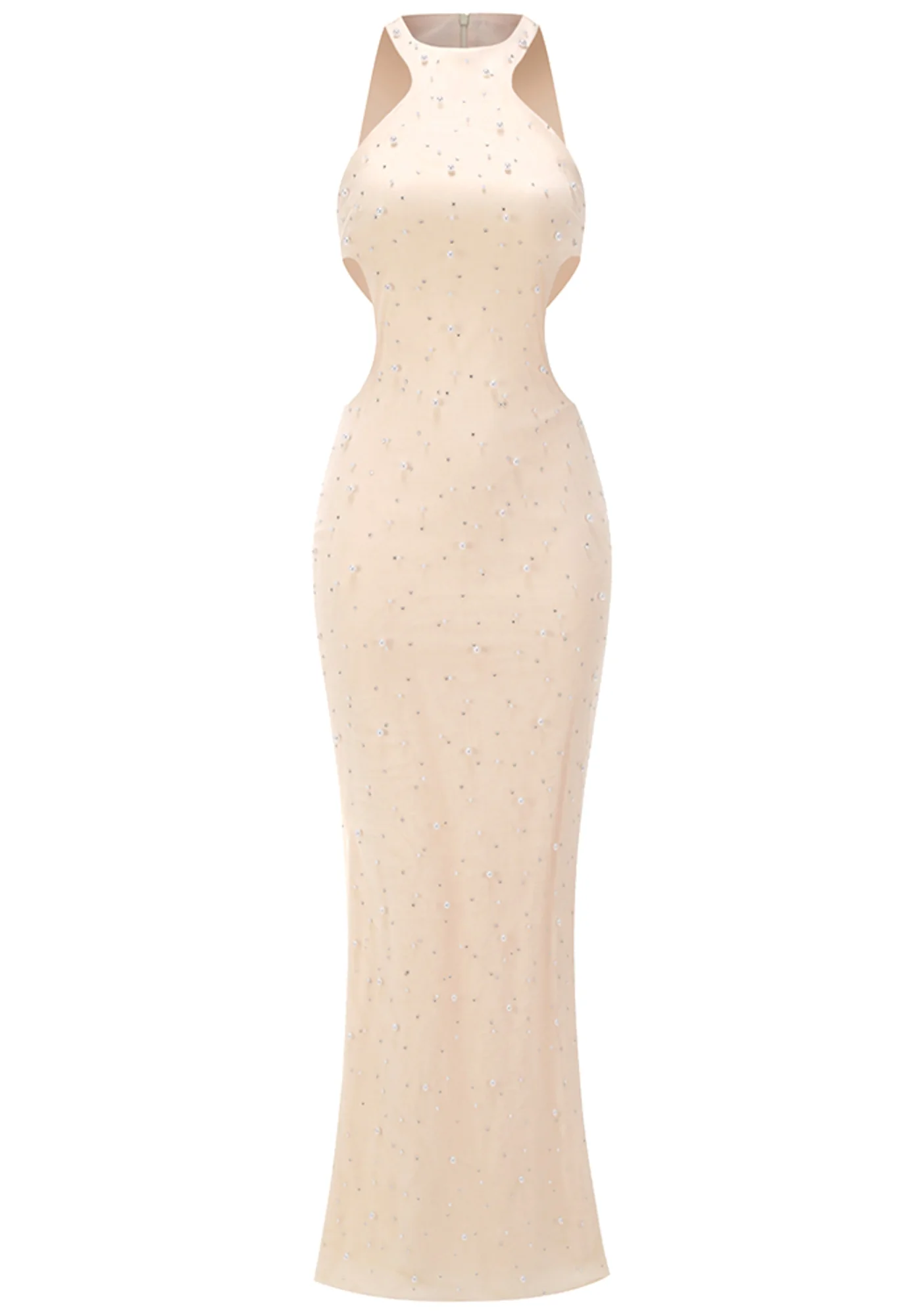 Ivory Pearl Crystal Sleeveless Maxi Dress with Side Cut-Outs