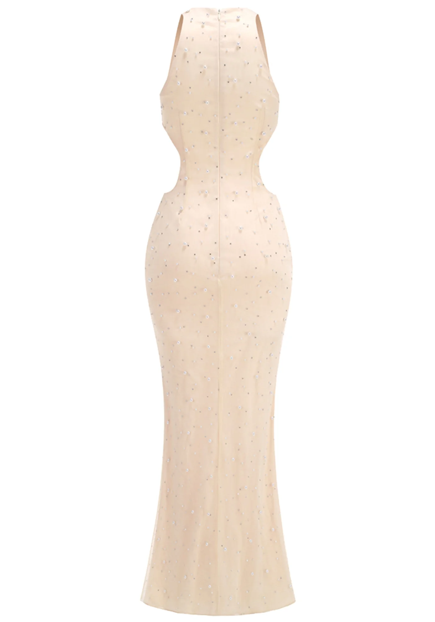 Ivory Pearl Crystal Sleeveless Maxi Dress with Side Cut-Outs