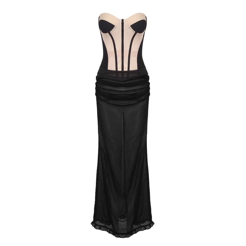 Black Nude Strapless Corset Maxi Dress - Elegant Draped Detail