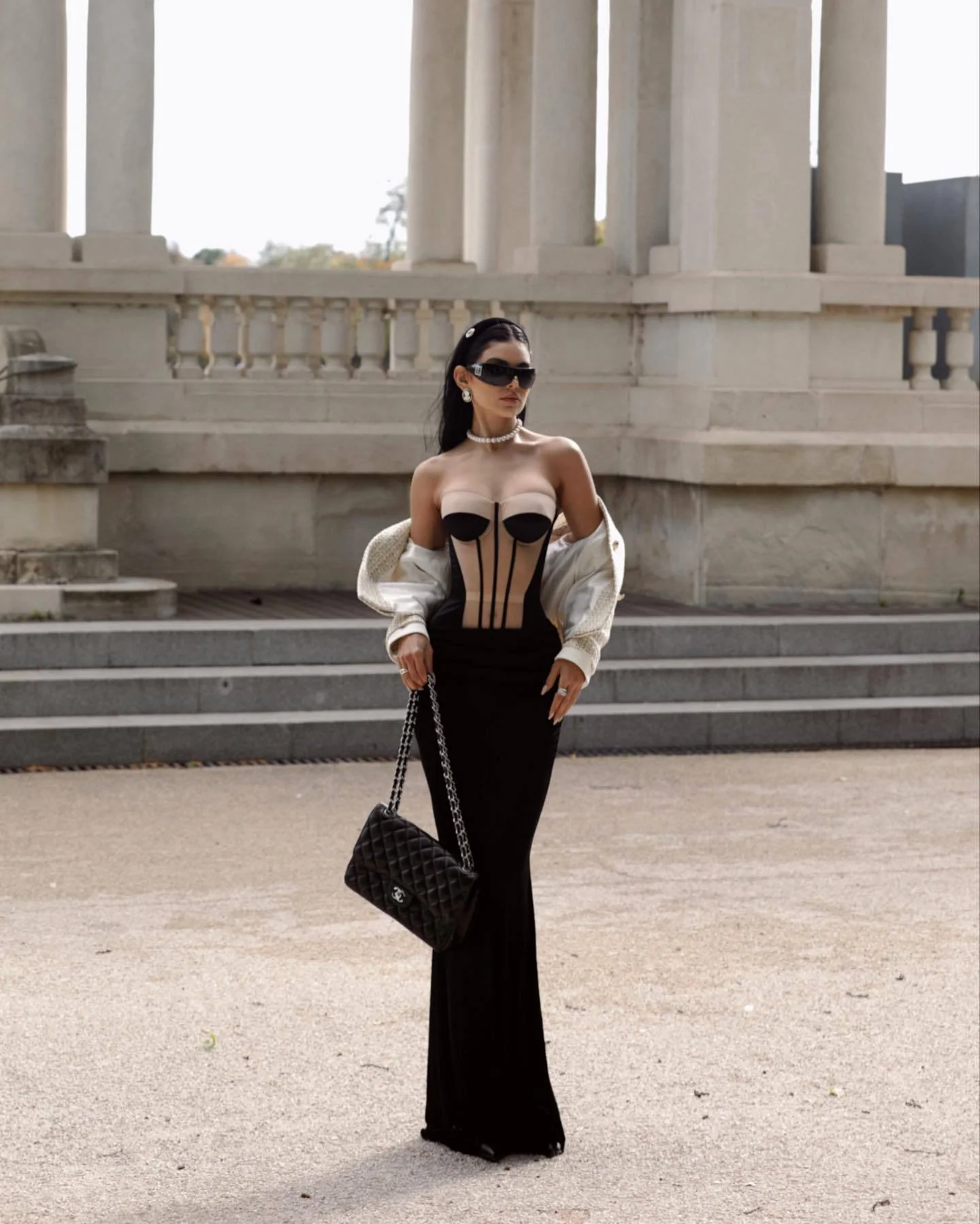 Black Nude Strapless Corset Maxi Dress - Elegant Draped Detail