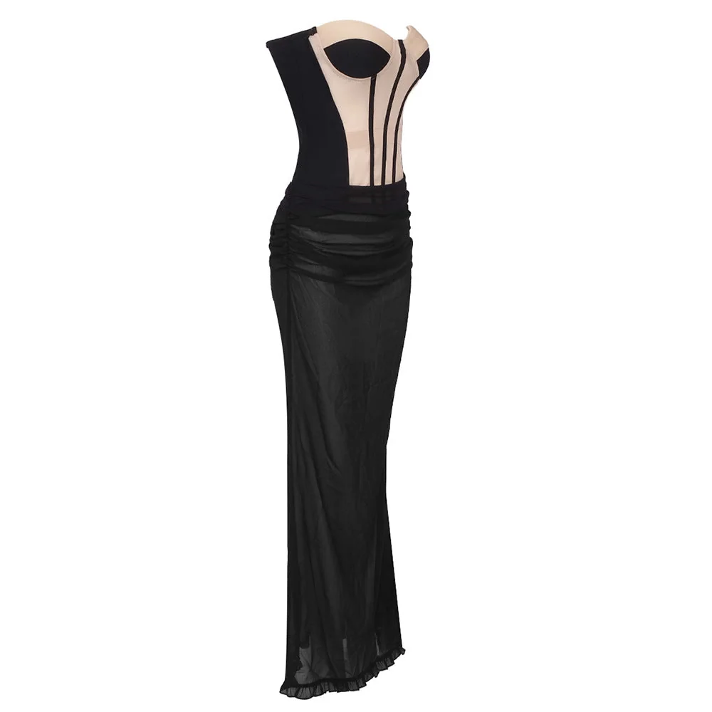 Black Nude Strapless Corset Maxi Dress - Elegant Draped Detail